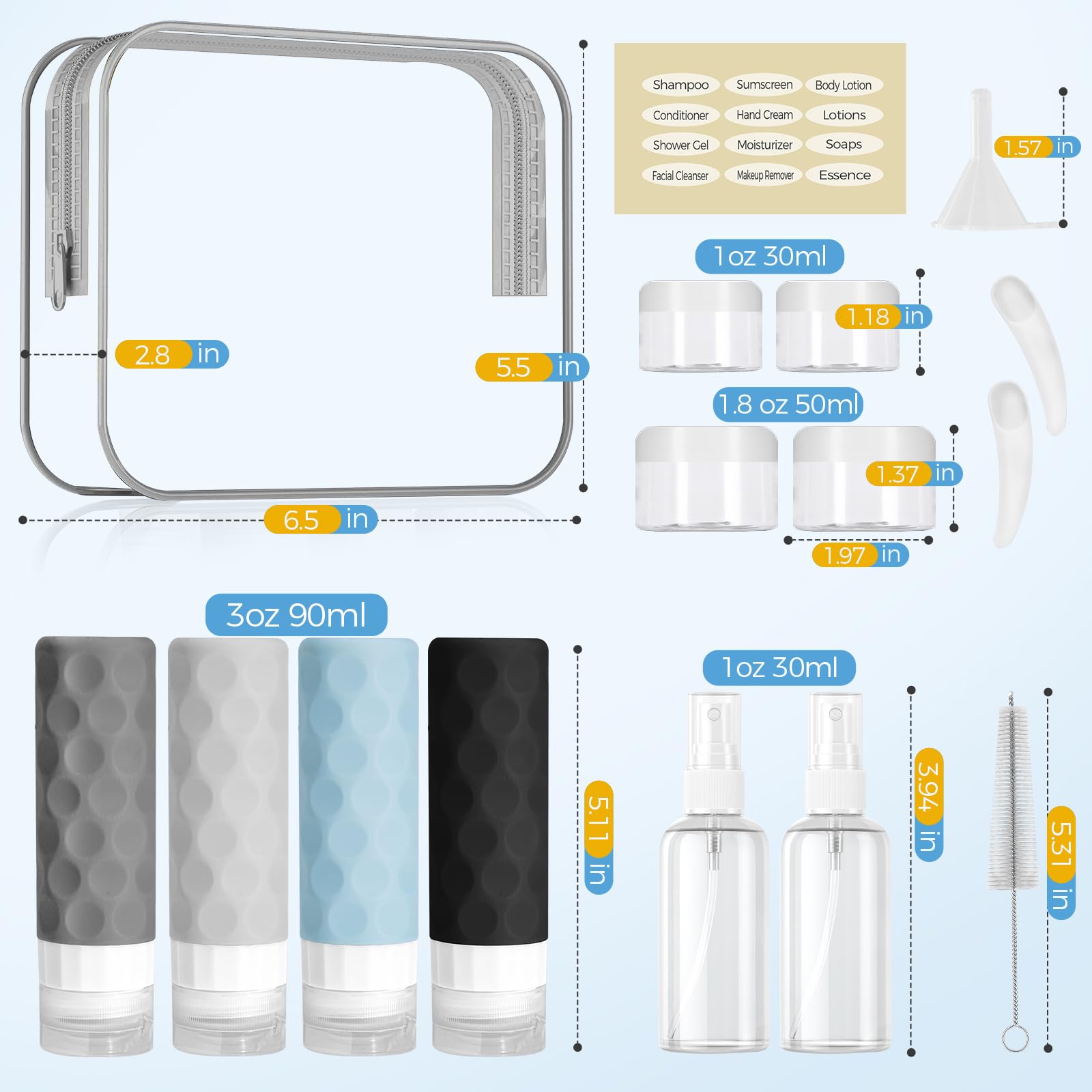 16-Pack TSA Approved Travel Bottles for Toiletries - Leak Proof Refillable Liquid & Cream Containers Set with Toiletry Bag (Gray) - Perfect for Air Travel, Camping & Vacation Essentials