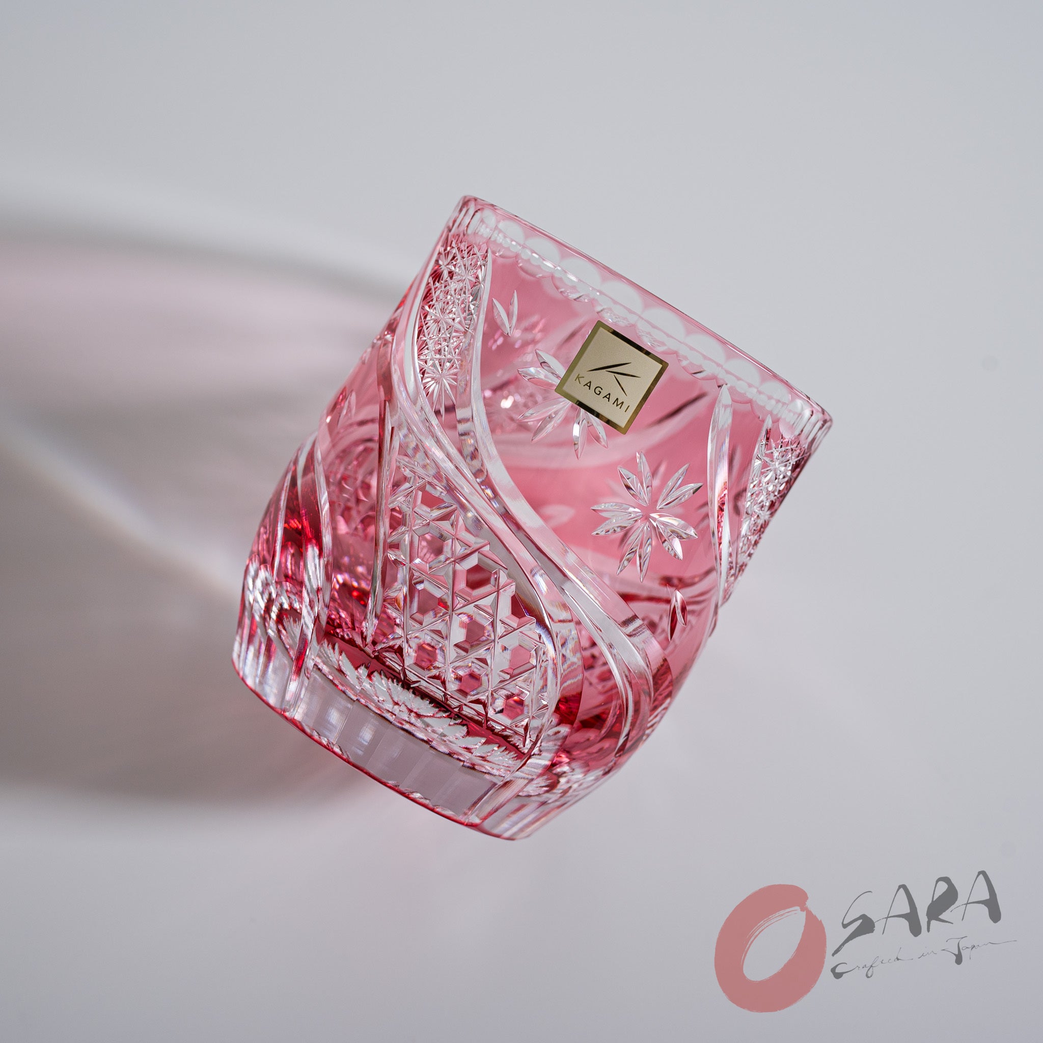KAGAMI Edo Kiriko Crystal Rock Glass with Floating Cherry Blossoms - Elegant Pink Japanese Whiskey Tumbler for Cocktails, Home Bar Decor & Gift Giving