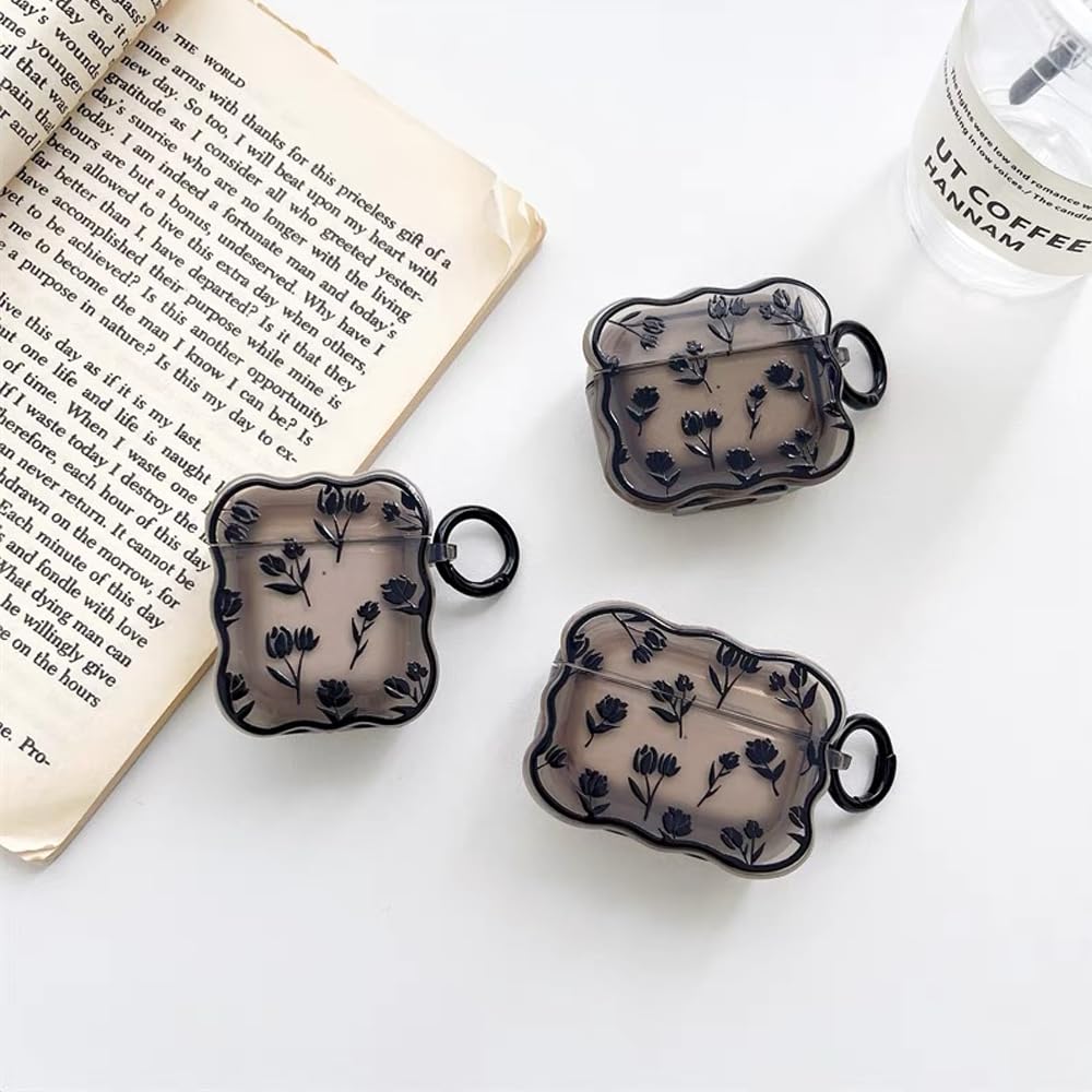 Cute Black Flower AirPods Pro Case with Keychain - Soft Silicone Protective Cover for AirPods Pro Charging Case - Kawaii Cartoon Design for Women, Girls & Kids - Perfect for School, Travel & Daily Use