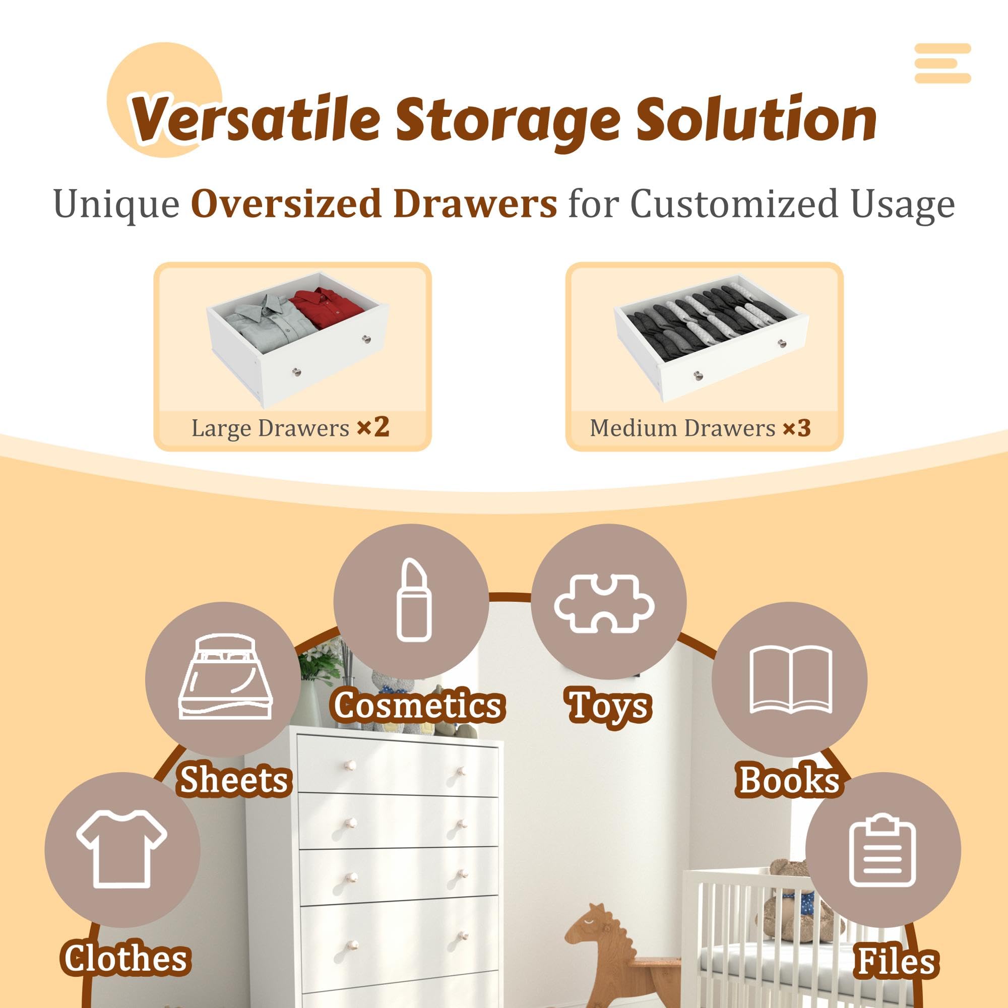 MUPATER 5-Drawer Dresser for Bedroom - Large Storage Organizer with Smooth Gliding Drawers - Perfect for Closet, Living Room, Nursery & Hallway - White (Ideal for Home Organization & Space Saving)