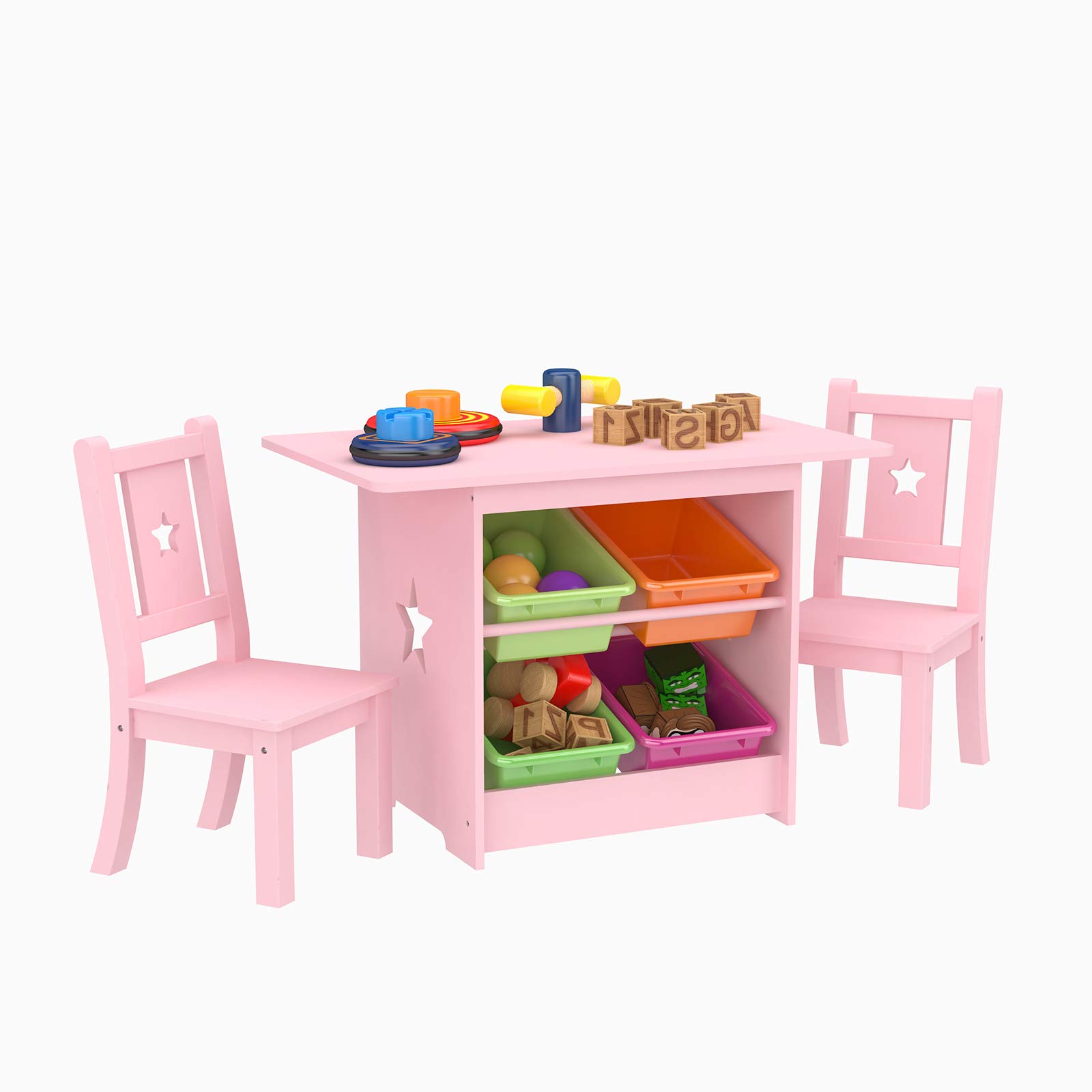 Mecor Kids Table and Chair Set with 4 Storage Boxes - Star Design Children's Desk & 2 Chairs (Pink) | Perfect for Playroom, Preschool Learning, Arts & Crafts, and Snack Time