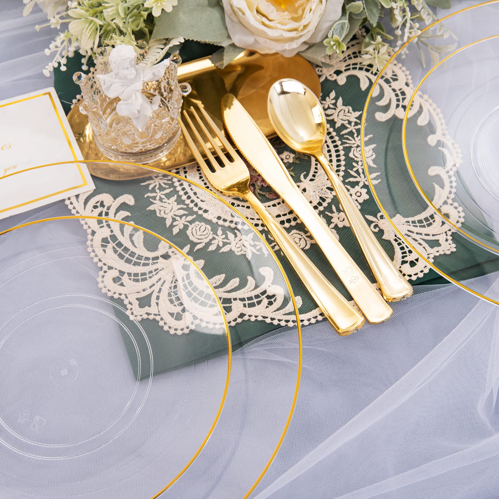 125-Piece Clear Gold Plastic Dinnerware Set - 25 Gold Rimmed Plates, 25 Dessert Plates, 25 Forks, 25 Knives, 25 Spoons - Elegant Disposable Tableware for Weddings, Parties, Christmas & Holiday Celebrations