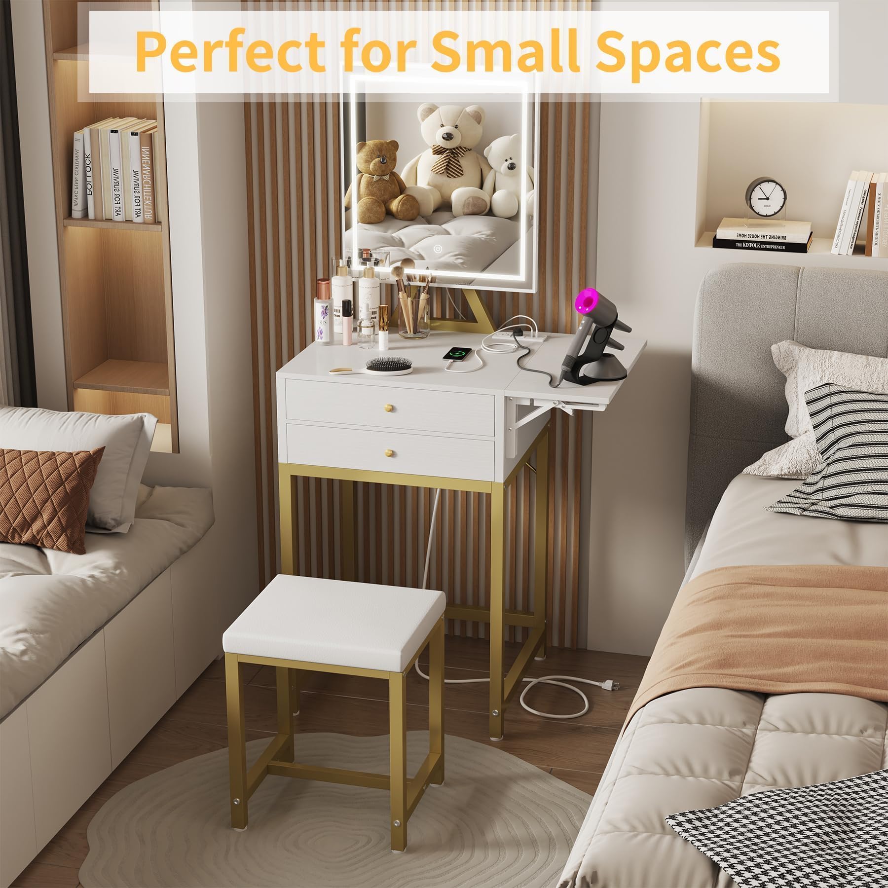 Small Makeup Vanity Desk with LED Lights - White Vanity Set with Mirror & Stool, Compact Dressing Table with Storage Drawers & USB Outlet for Bedroom, Apartment - Perfect for Beauty Routine, Makeup Application & Small Space Organization (Gold Trim)