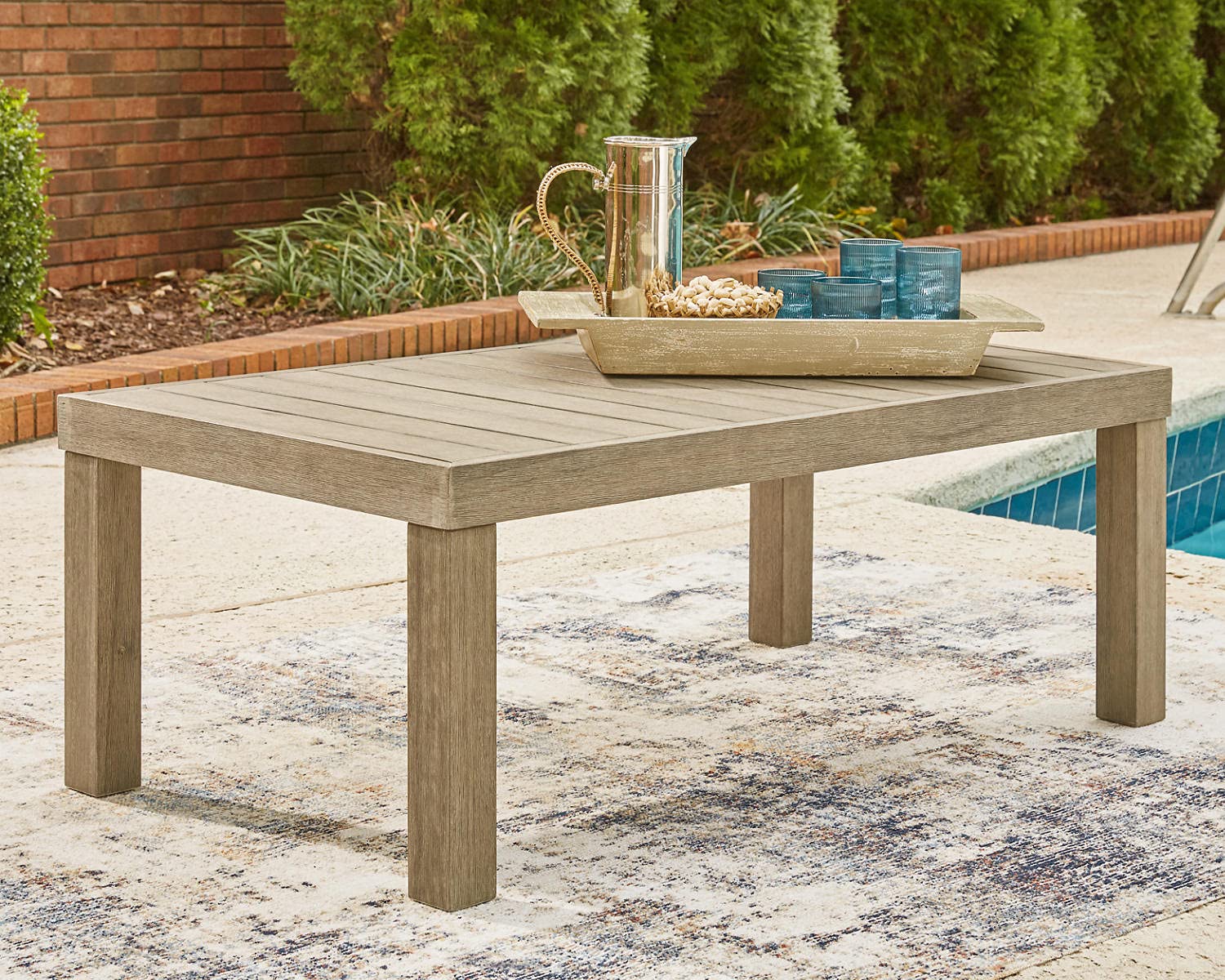 Signature Design by Ashley Outdoor Silo Point Eucalyptus Patio Coffee Table - Weather-Resistant Brown Wooden Side Table for Garden, Deck & Poolside Use