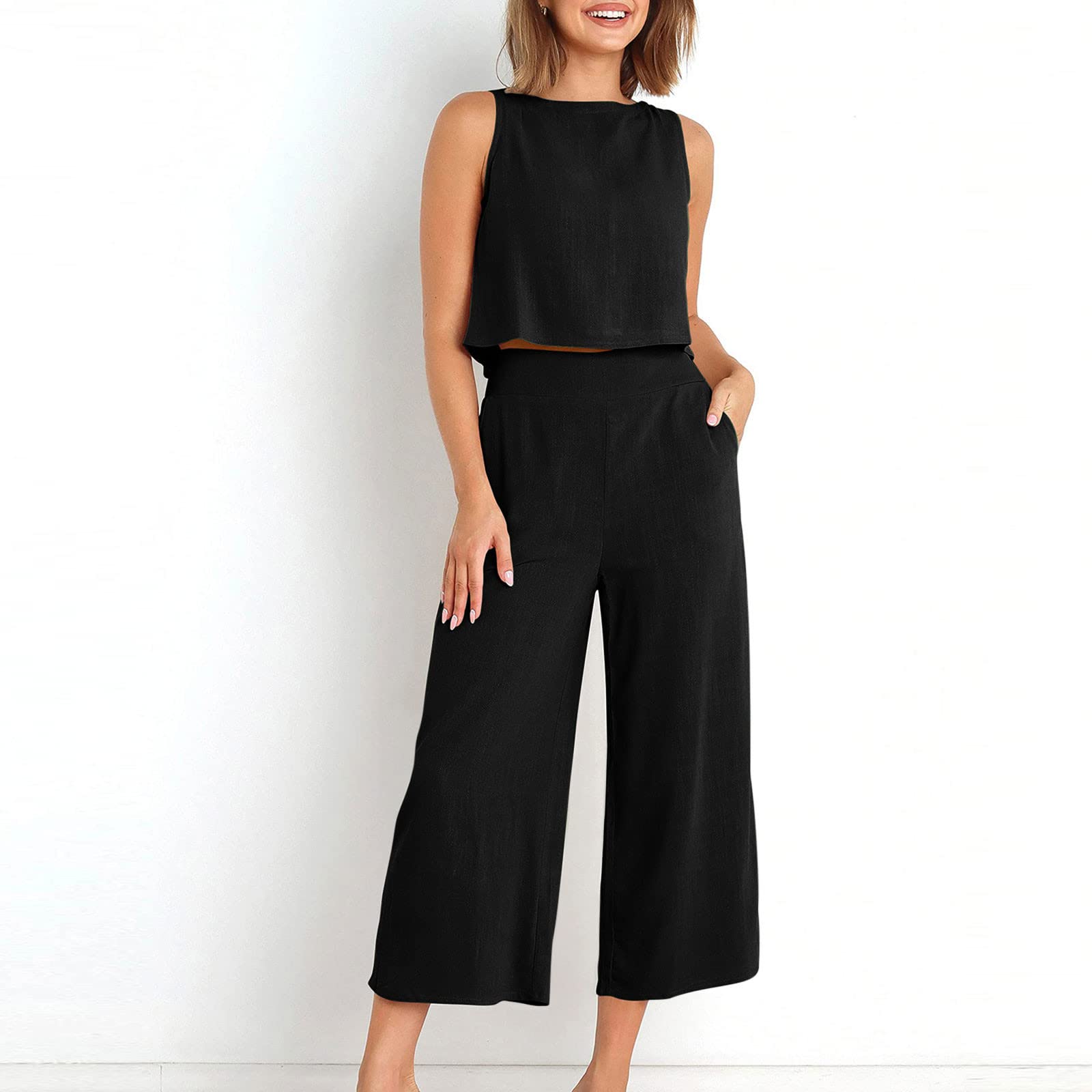 AMhomely Women's 2-Piece Outfits - Sleeveless Cotton Linen Wide Leg Pants Set with Vest Top & Back Buttons | Elegant Ladies Pantsuit with Pockets | Perfect for Office Wear, Summer Vacation & Casual Outings