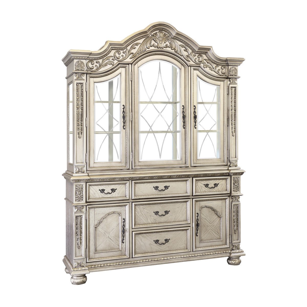 Elegant Catalonia Platinum Gold Buffet & Hutch Dining Set - Perfect for Formal Dining Rooms & Entertaining Guests