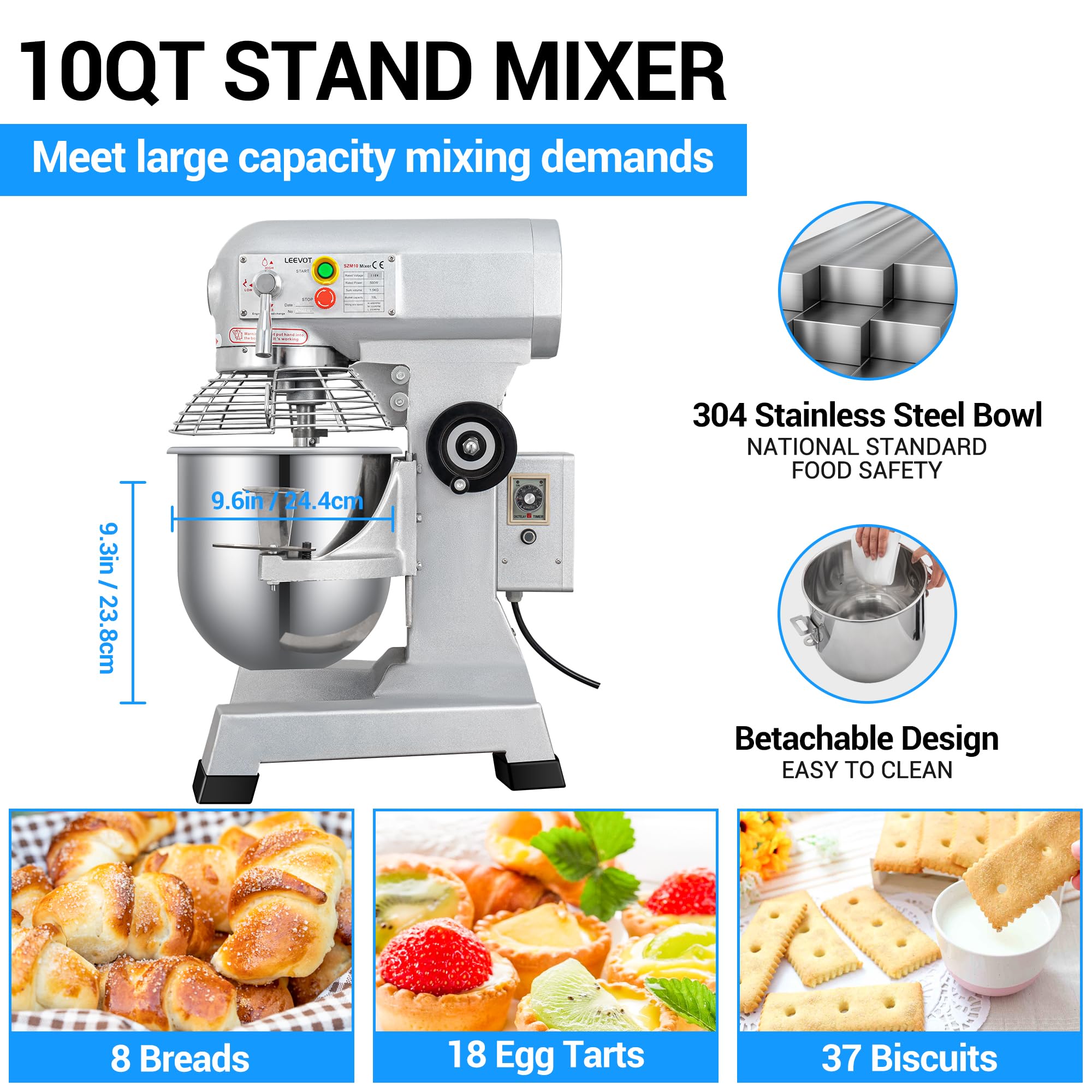 500W 10 Qt Commercial Food Mixer with 3-Speed Adjustment & Timer - Heavy Duty Stainless Steel Dough Mixer for Bakeries, Pizzerias, Restaurants & Catering Businesses - Perfect for Kneading Bread, Pizza Dough & Baking Pastries