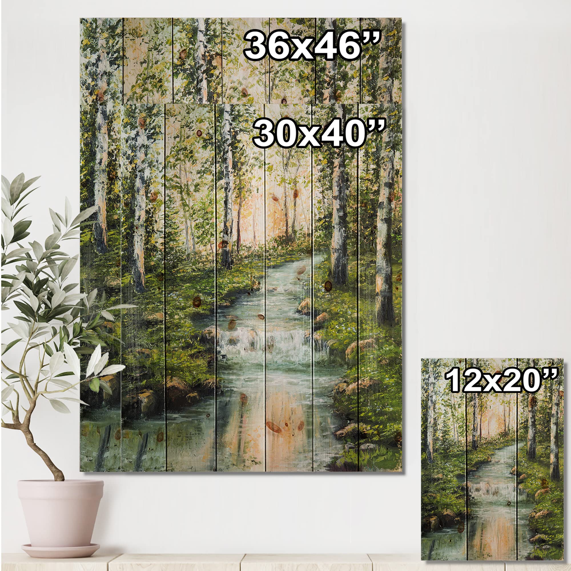 DesignQ River Through Birch Forest Lake House Wood Wall Decor - Green Wood Wall Art, Large Landscape Wood Panels Printed on Natural Pine - Perfect for Living Room, Bedroom & Office Decor