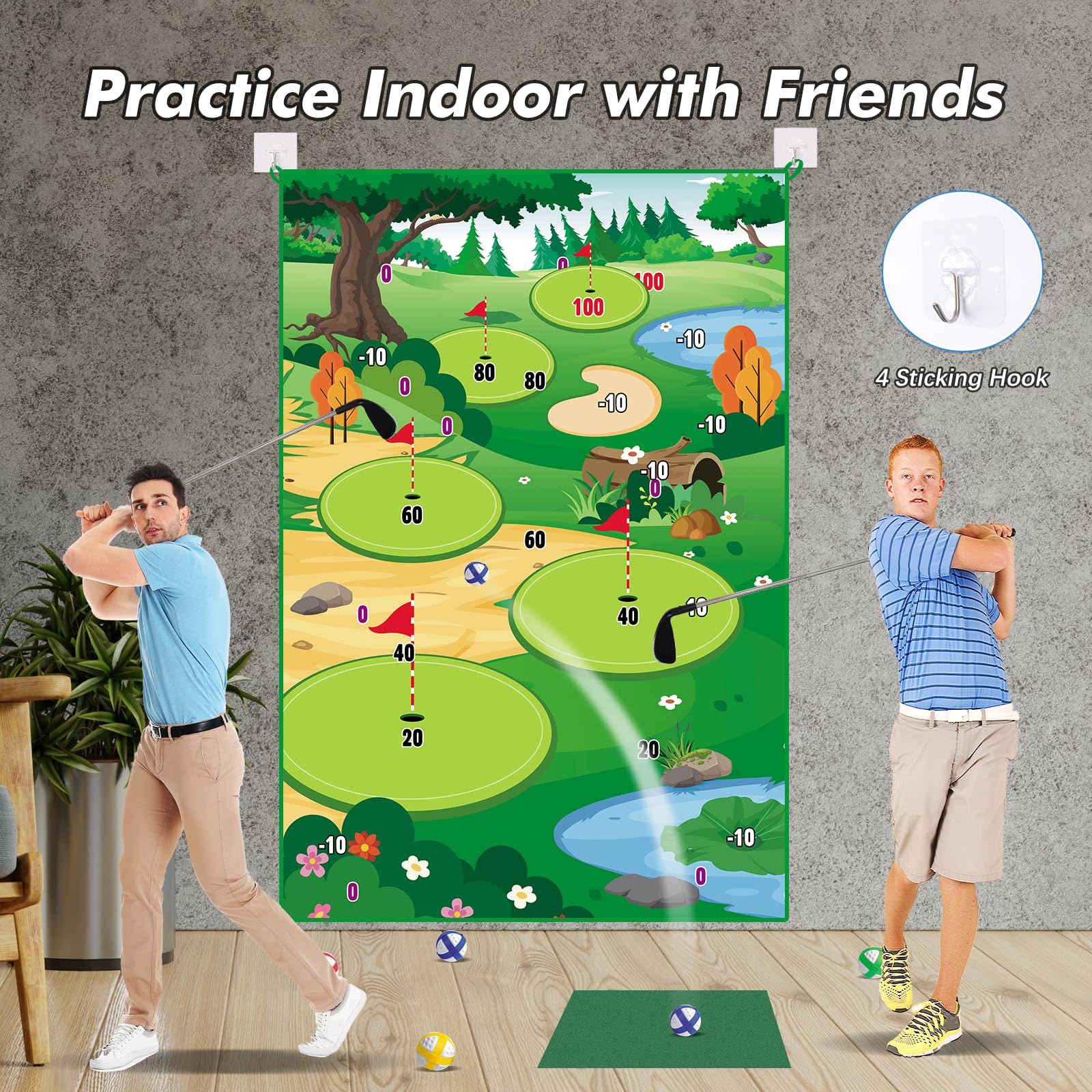 VATOS Golf Chipping Practice Mat with Club & 20 Balls - Indoor/Outdoor Golf Training Mat for Kids & Adults - Perfect for Backyard, Family Fun & Golf Skill Development