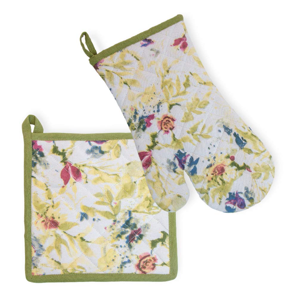 Premium Cotton Oven Mitts & Pot Holders Set of 2 - Heat Resistant Kitchen Essentials with Floral Design - Perfect for Baking, Cooking, Grilling & Home Kitchen Safety