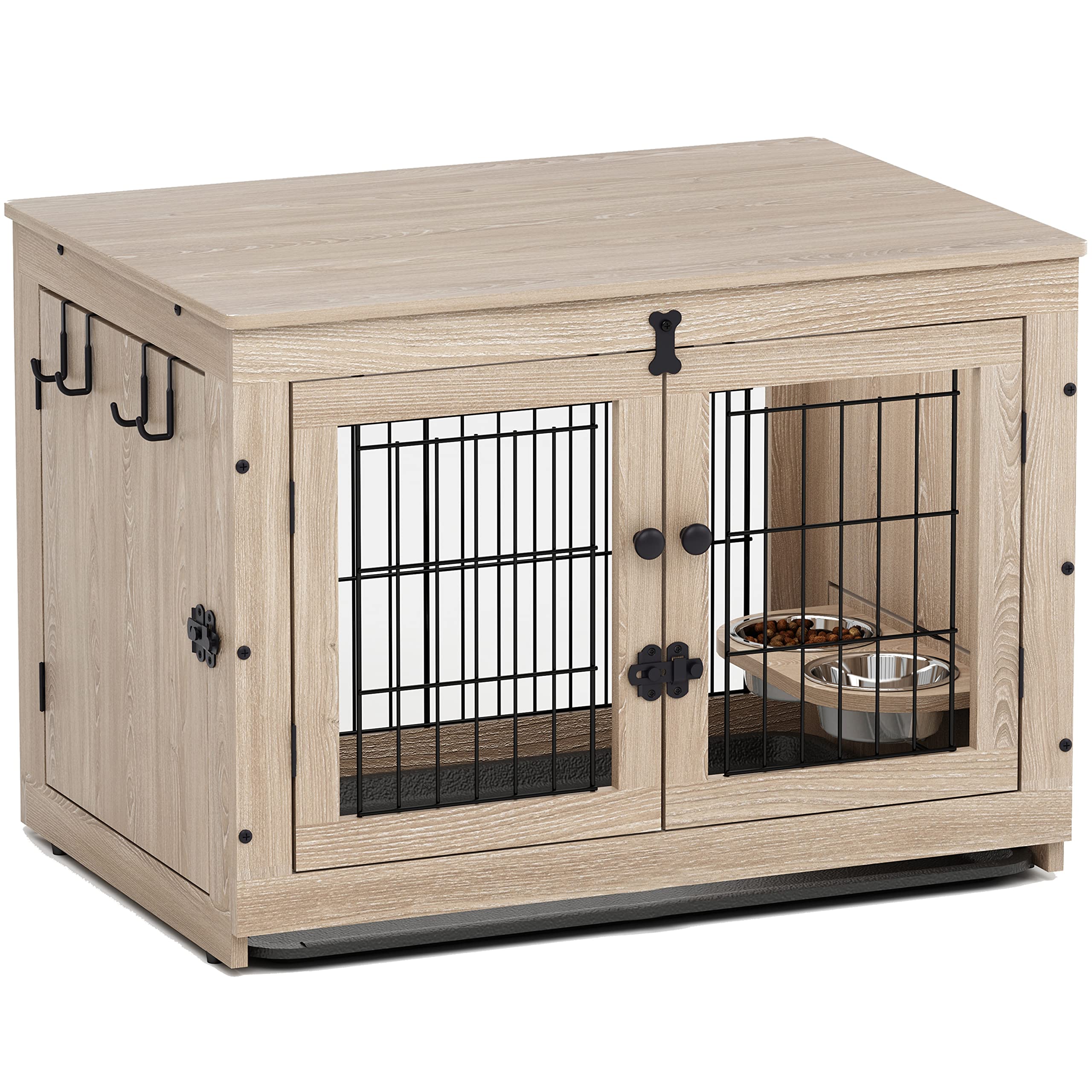 Piskyet Wooden Dog Crate Furniture - 360° Rotatable Removable Dog Bowls, Double Door Dog Kennel with Tray, Indoor Pet Crate End Table for Small Medium Large Dogs - White Grey Rustic Style - Perfect for Living Room Bedroom Home Decor