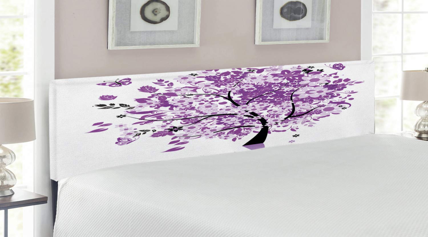 Ambesonne King Size Upholstered Metal Headboard with Memory Foam - Nature Inspired Tree of Life Design with Blooming Flowers & Butterflies in Lilac Purple | Perfect for Bedroom Decor, Romantic Master Suite or Bohemian Style Home