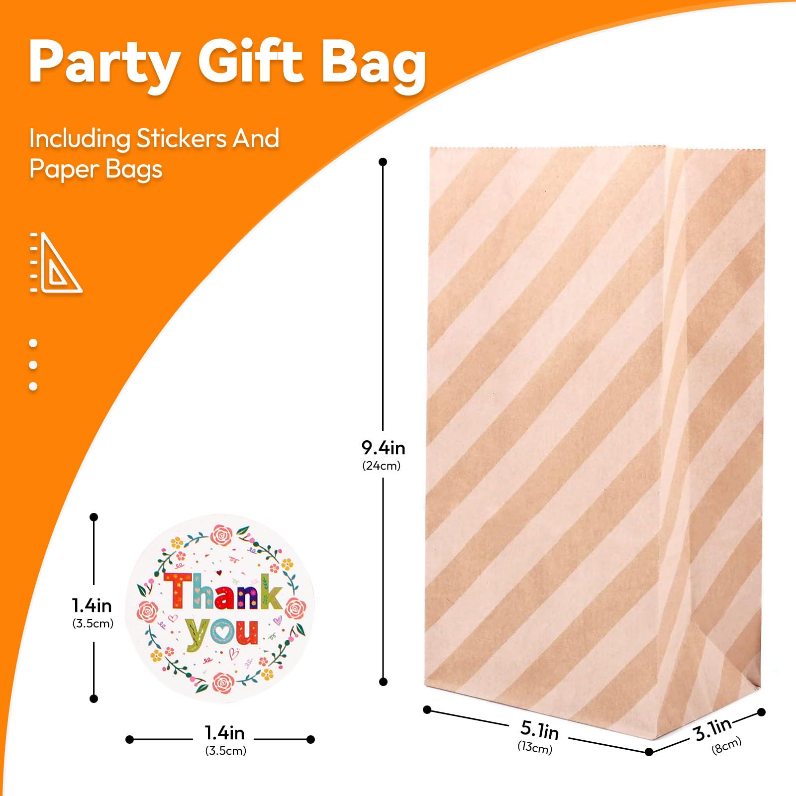 Elvielsl 40 Pack Kraft Paper Party Favor Bags with 48 Stickers - 13x8x24cm Small Gift Bags for Birthday, Wedding, Baby Shower & Christmas | Eco-Friendly Goodie Bags for Party Favors, Candy, Treats & Gifts