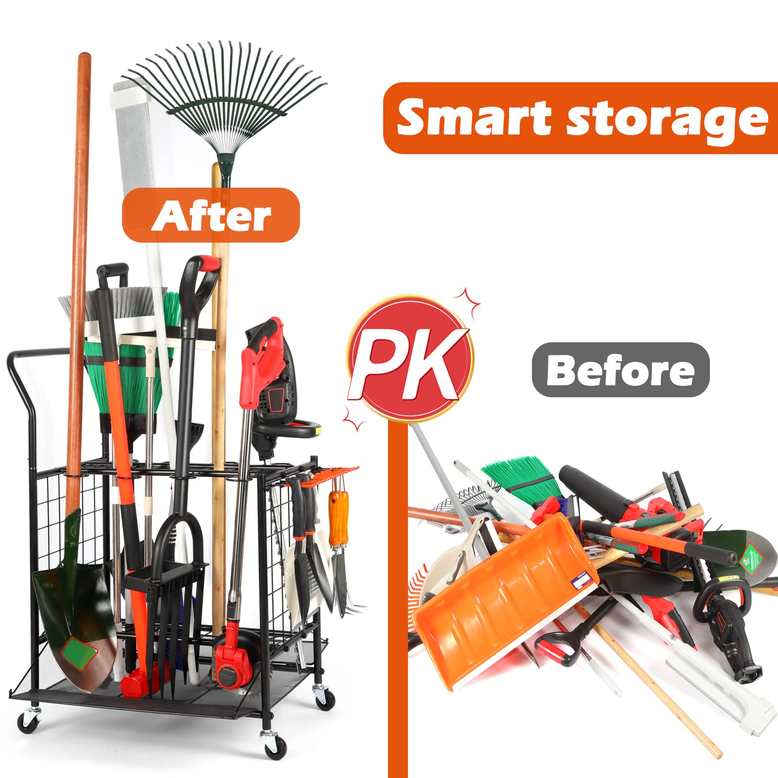 Steel Garden Tool Organizer with Wheels - Heavy Duty Rolling Tool Tower for Garage, Shed & Yard Storage - Black Long Handle Tool Organizer for Easy Access & Mobility | Perfect for Gardening, Landscaping & Home Organization