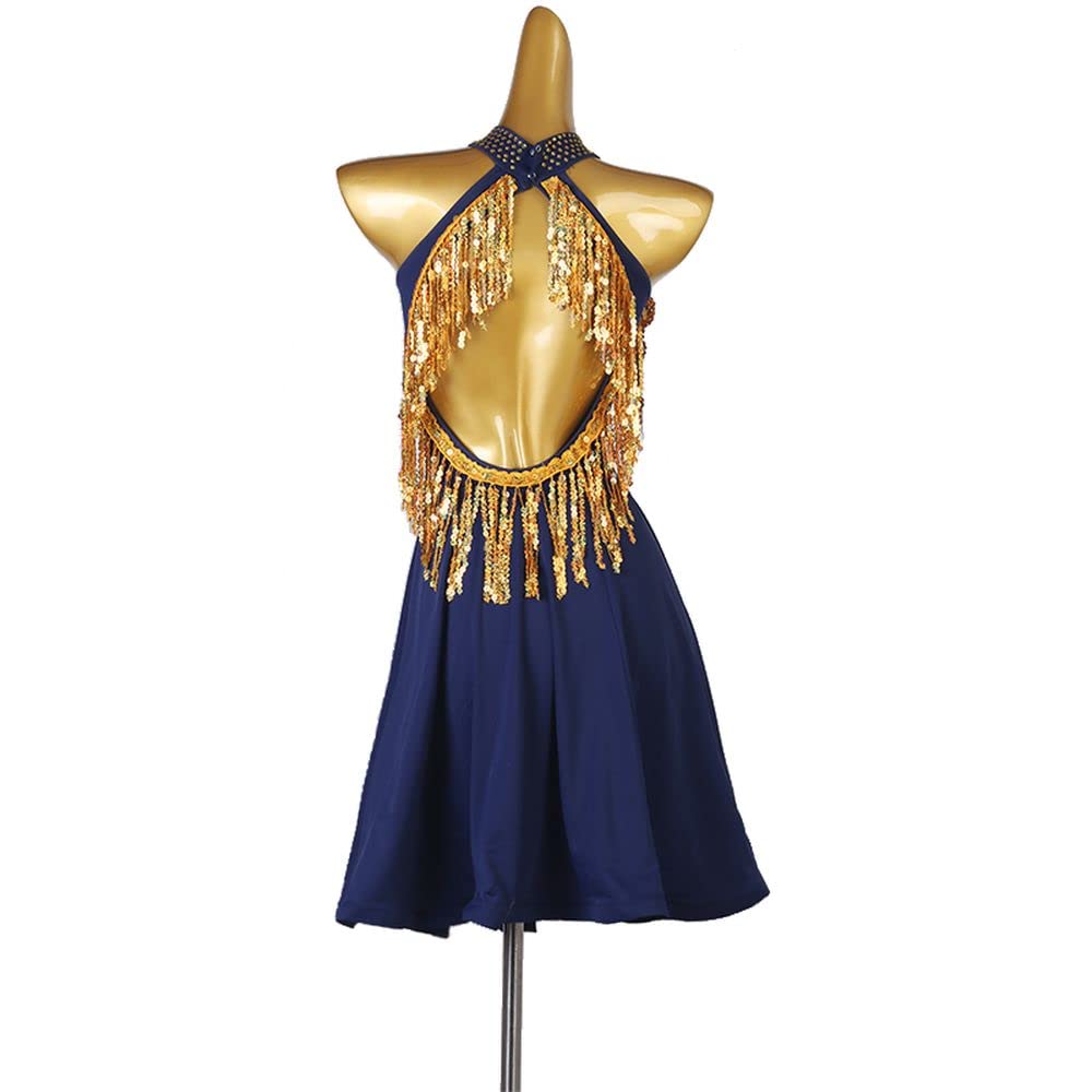 Navy Blue Turtleneck Latin Dance Dress for Women - Elegant Long Performance Dress for Competition, Party & Ballroom Dancing | Perfect for Salsa, Tango & Professional Dance Events