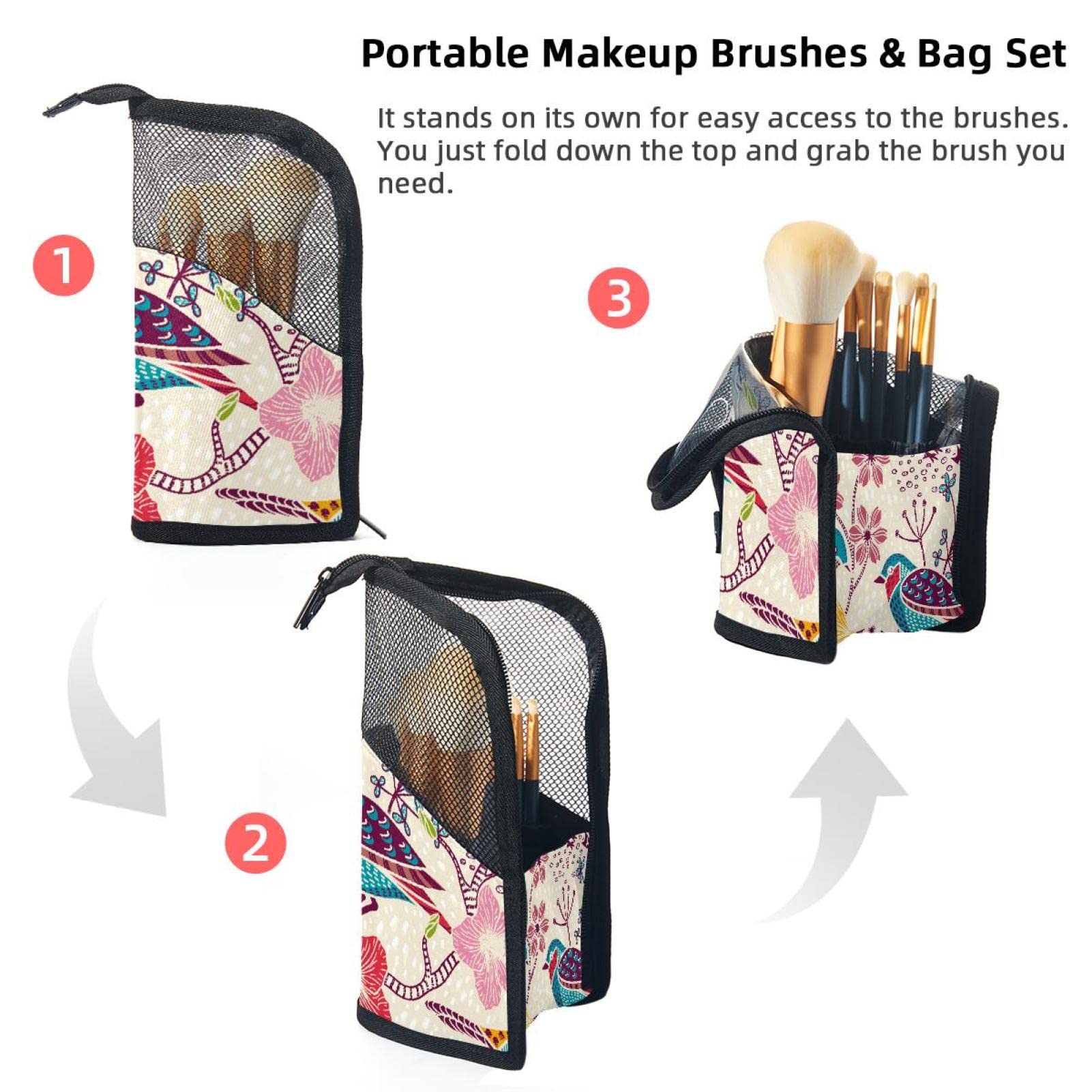 12-Piece Makeup Brush Organizer Bag with Colorful Birds & Flowers Design - Portable Travel Cosmetic Brush Holder Case for Professional & Home Use
