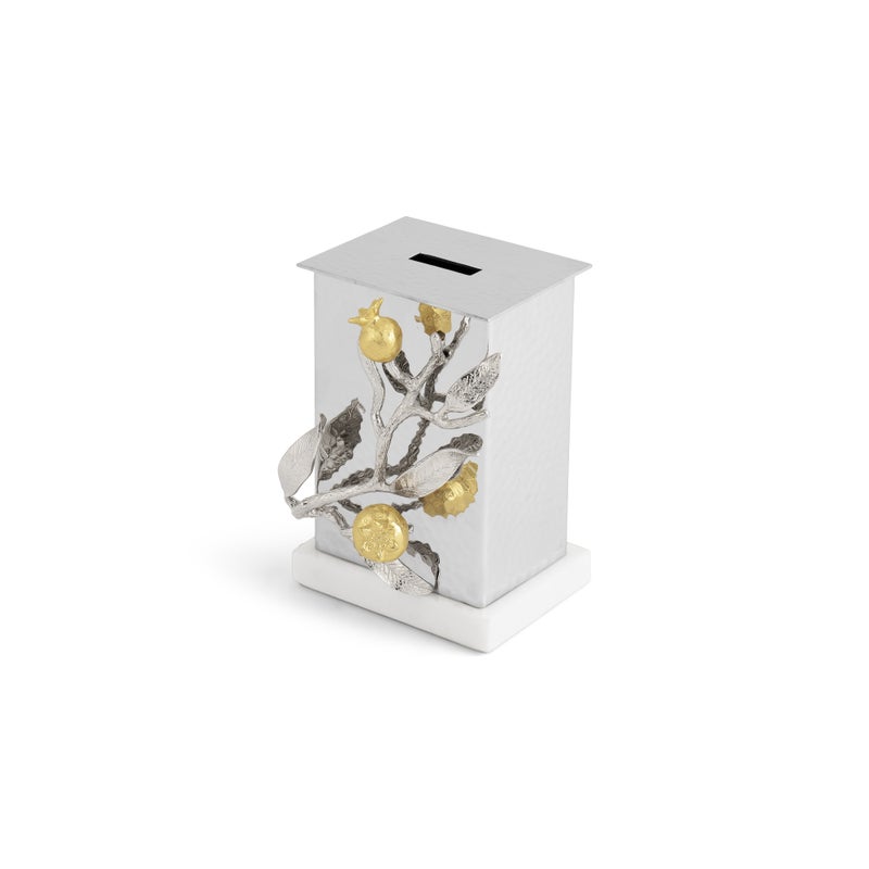 Pomegranate Silver & Gold Tzedakah Box - Elegant Jewish Charity Donation Box for Home, Synagogue & Gift Giving | Traditional Judaica Collectible for Hanukkah, Passover & Special Occasions
