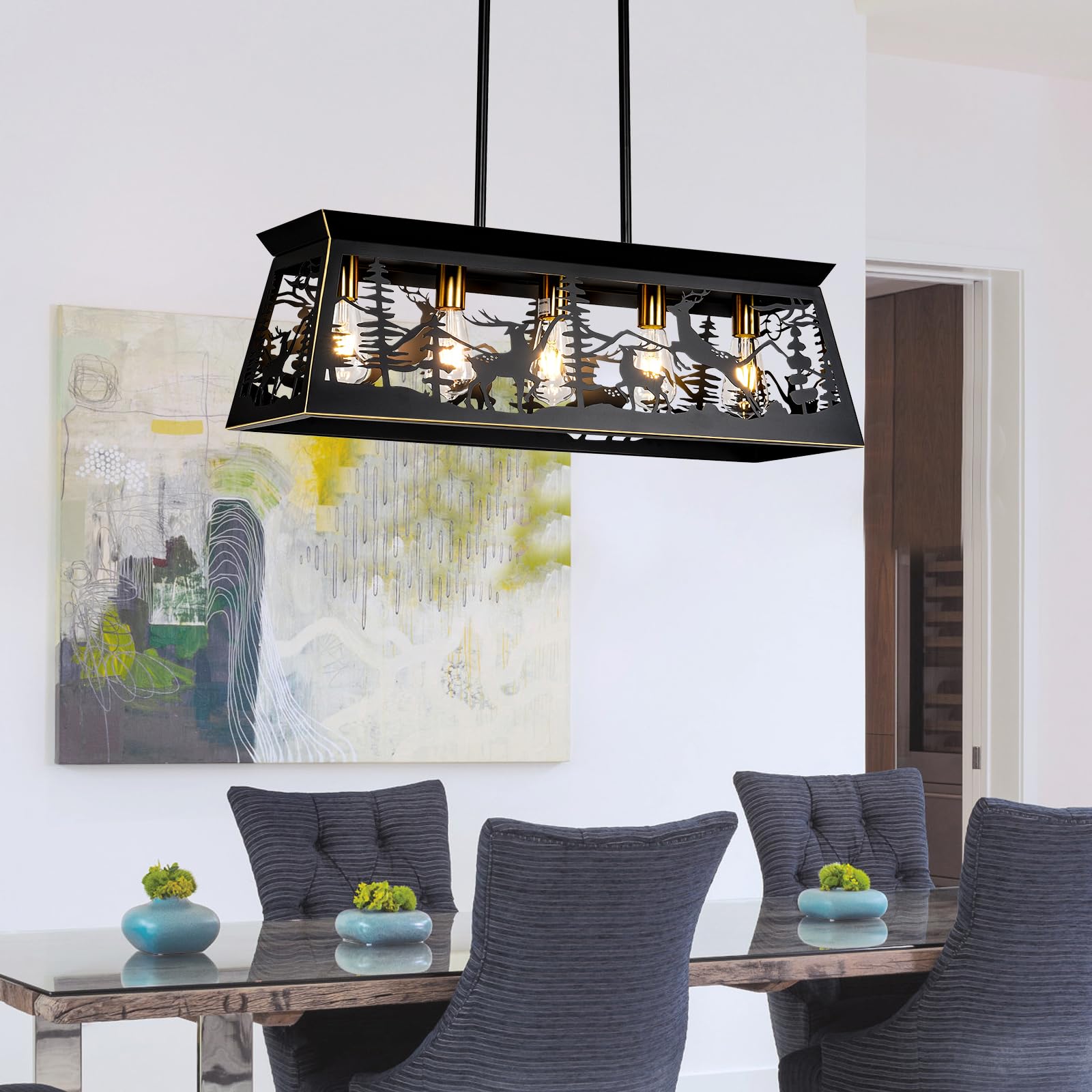 32-Inch Black Rectangle Rustic Farmhouse Chandelier - 5-Light Kitchen Island Pendant Lighting for Dining Room, Perfect Over Table | Modern Farmhouse Decor for Kitchen, Breakfast Nook & Dining Area