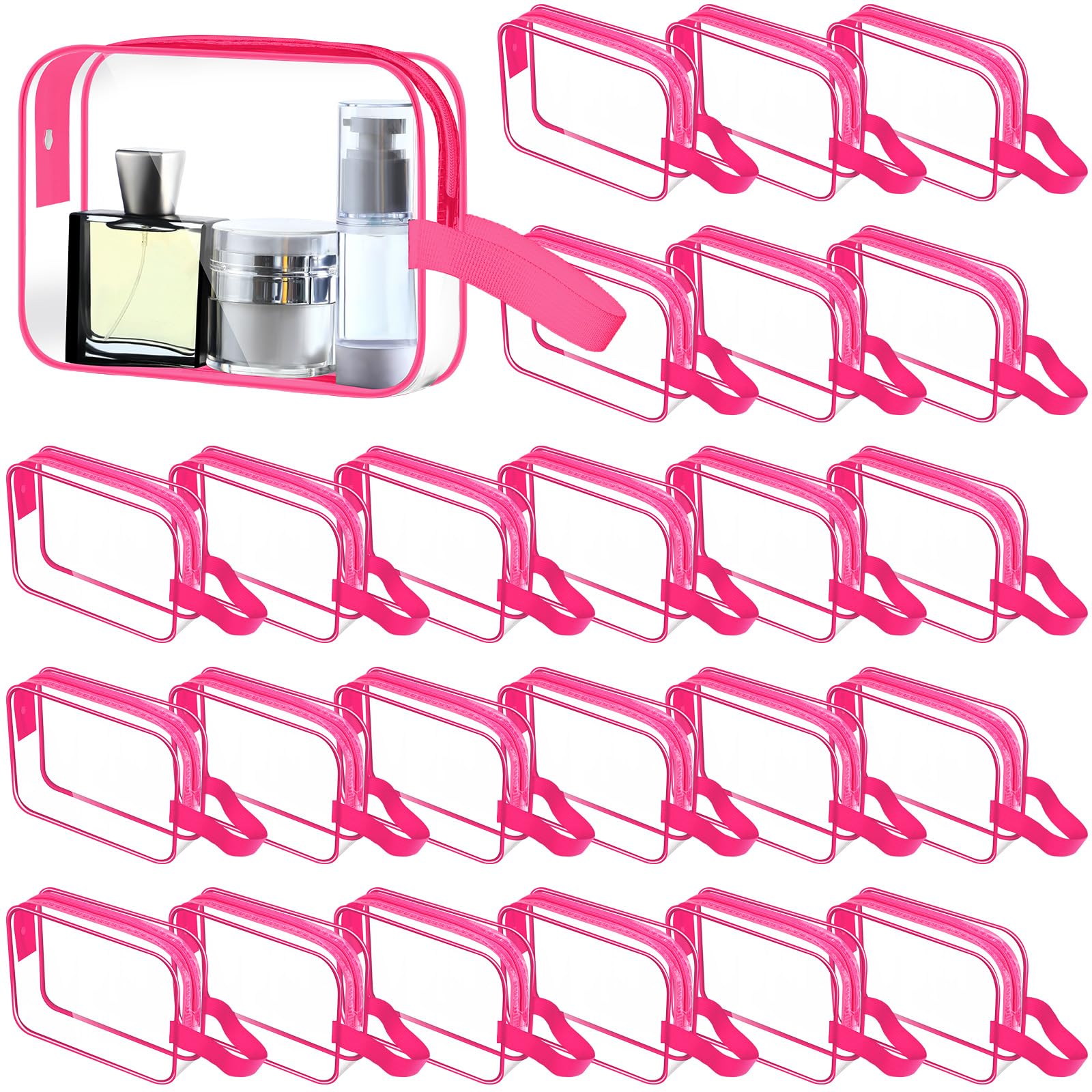 Silkfly 24 Pcs Clear PVC Travel Toiletry Bag with Handle Strap - Waterproof Cosmetic Makeup Organizer for Women, Perfect for Vacation, Gym, Salon & Mother's Day Gift (Rose Pink)