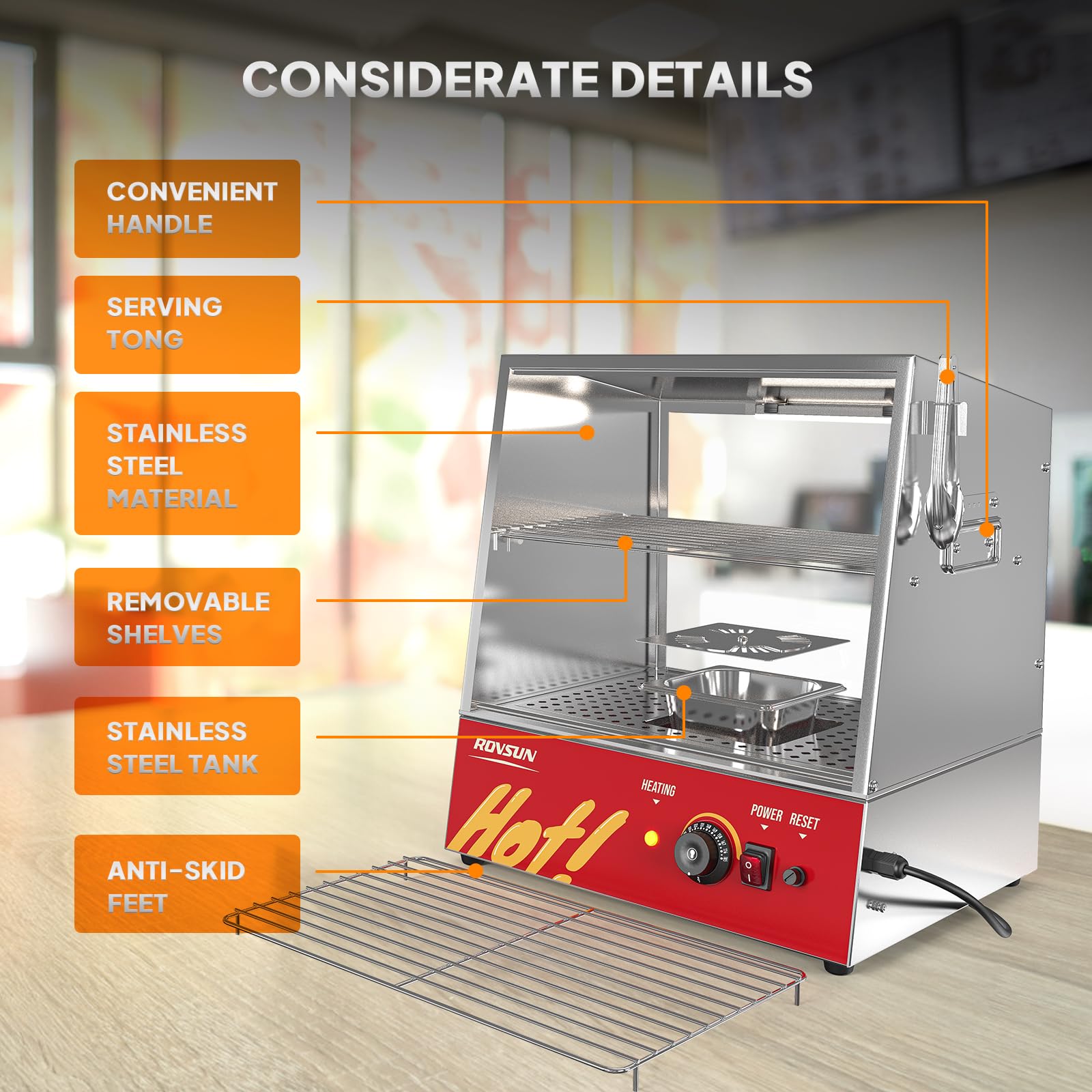 ROVSUN 32QT/30L Commercial Hot Dog Steamer with Bun Warmer – 2-Tier Stainless Steel Hot Dog Cooker for 175 Hot Dogs & 40 Buns – Perfect for Party Events, Concession Stands & Food Trucks – Removable Shelves & Food Clip Included