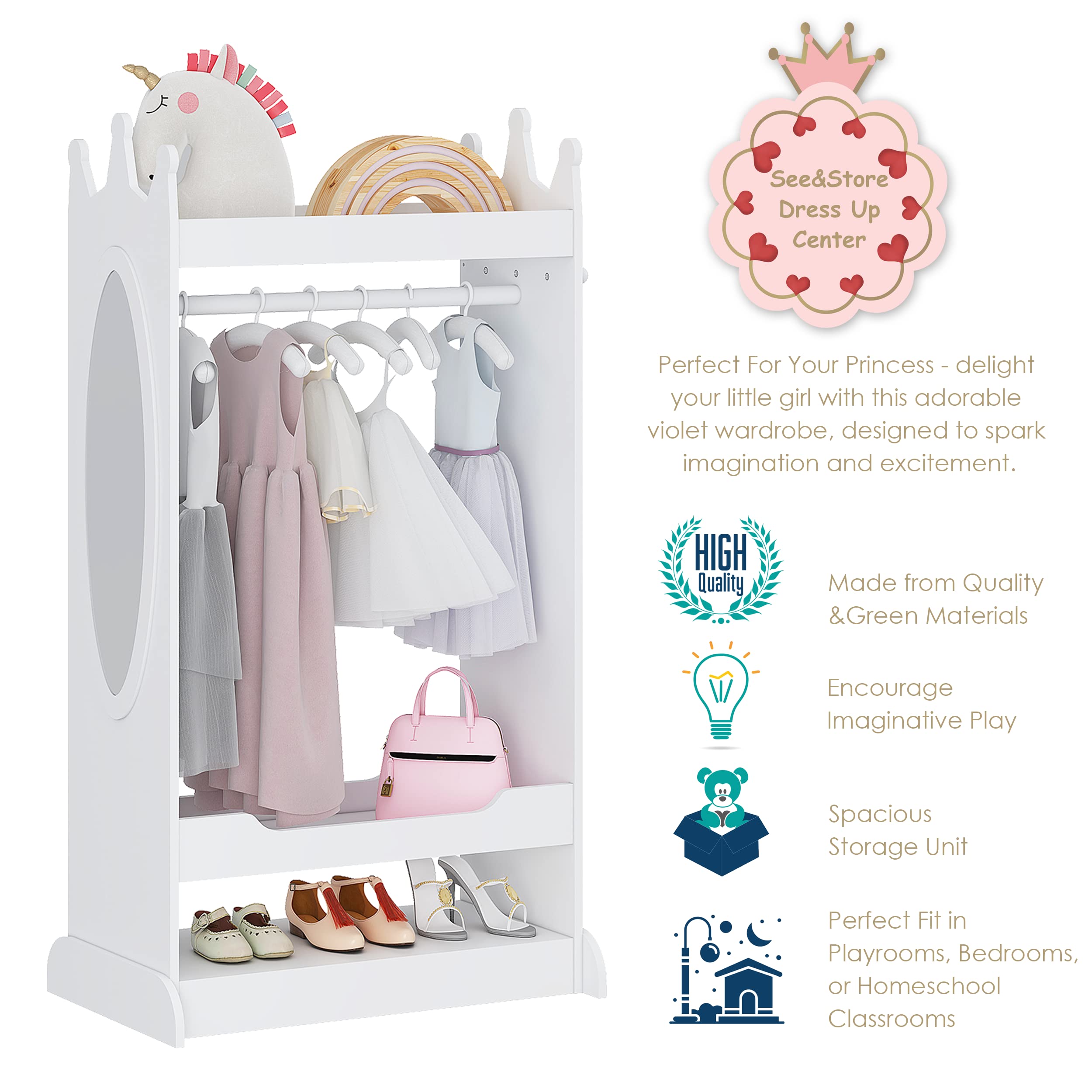 UTEX Kids See and Store Dress-Up Center - White Hanging Armoire Closet for Costumes & Pretend Play | Perfect for Kids Bedroom, Playroom & Dress-Up Storage Organization