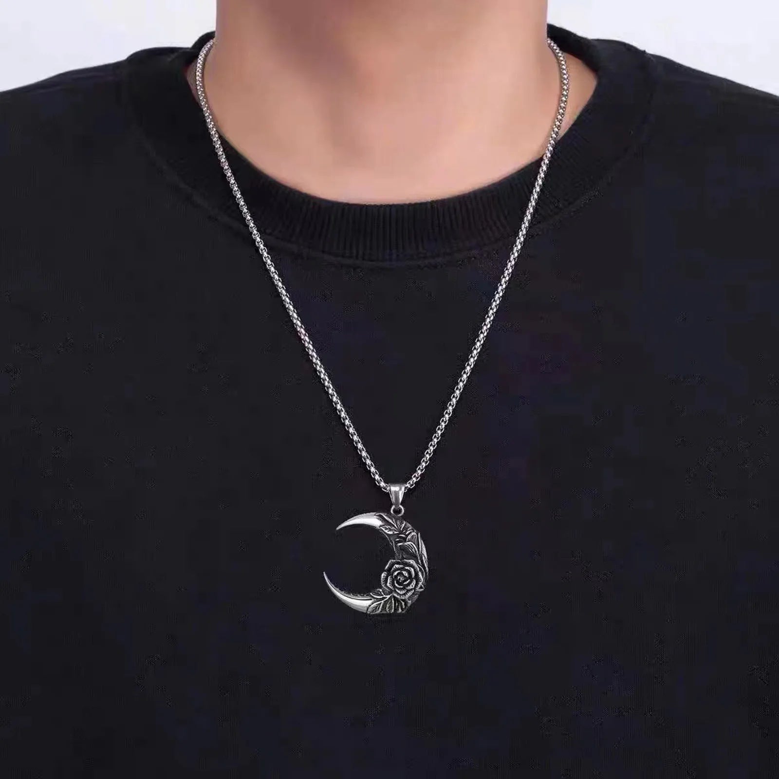 Crescent Moon and Rose Pendant Necklace for Women - Elegant Silver Jewelry Gift for Her, Perfect for Valentine's Day, Anniversary & Romantic Occasions