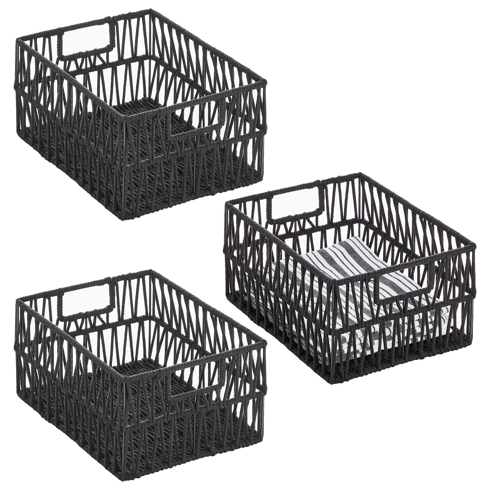 mDesign Metal Wire & Cotton Rope Small Macrame Boho Storage Baskets with Handles - 3 Pack Black - Decorative Organizer Bins for Kitchen, Pantry, Shelves - Perfect for Paper Goods, Dish Towels, Party Supplies & Home Decor