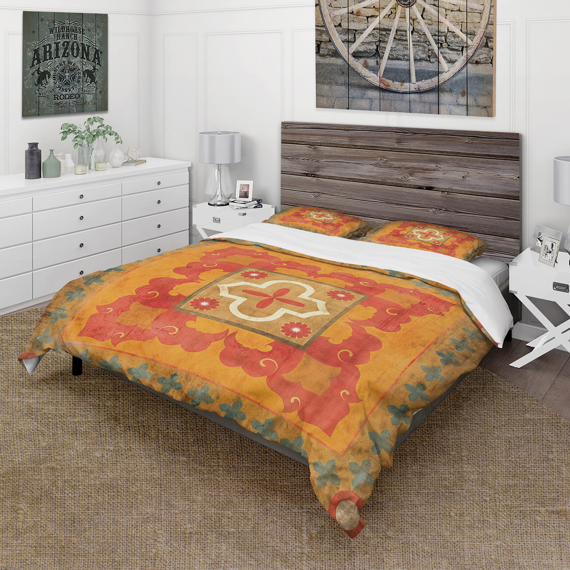 Bohemian Moroccan Orange Tiles Duvet Cover Set King Size - 3 Piece All Season Bedding with Eclectic Design | Perfect for Boho Chic, Eclectic & Moroccan Style Bedrooms
