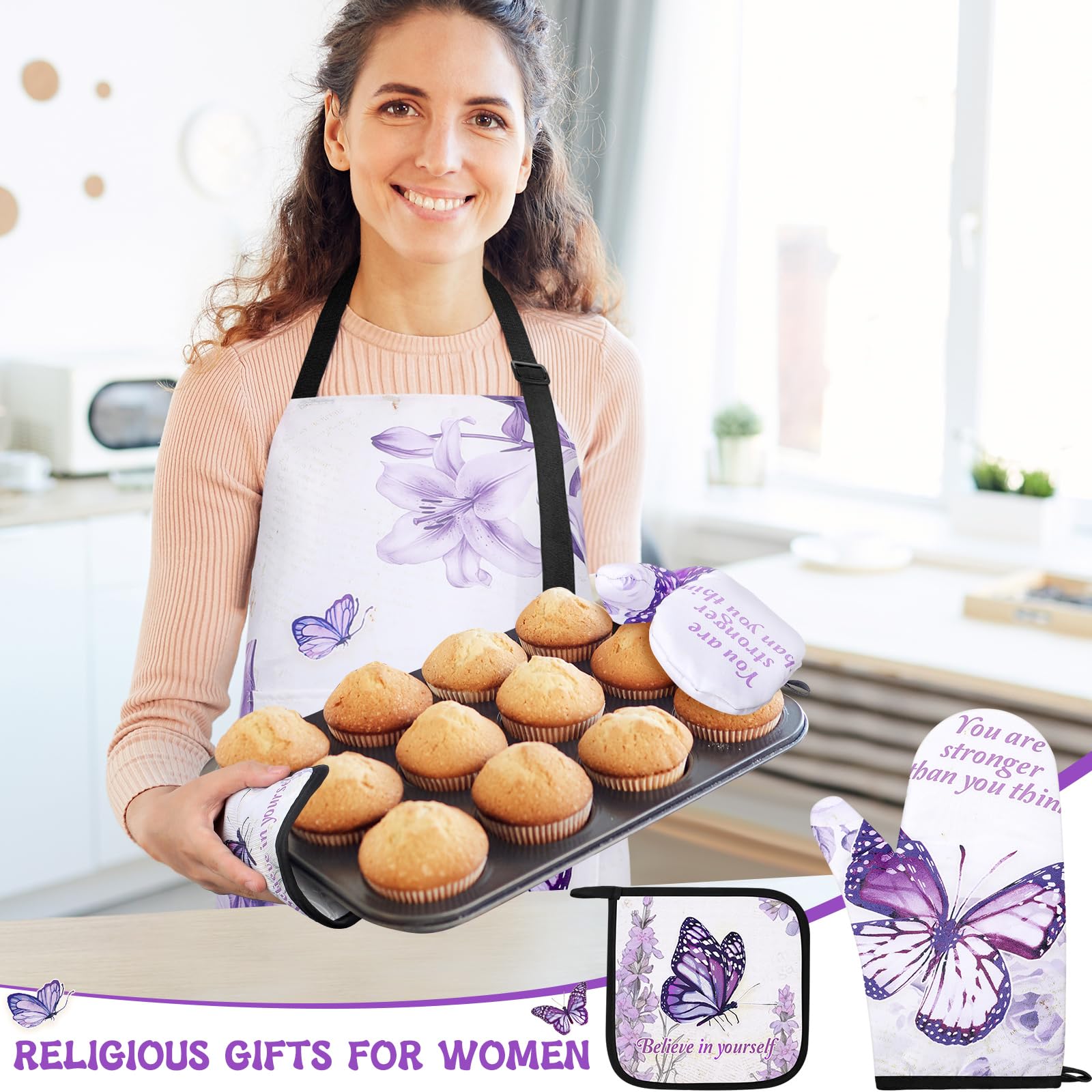 Hoolerry 6-Piece Religious Kitchen Apron Set with Dish Towels, Oven Mitts, Pot Holders & Silicone Spatula - Perfect Cooking & Baking Gifts for Women, Wife, Grandma (Purple) - Ideal for Holiday Meals, Church Potlucks & Family Gatherings