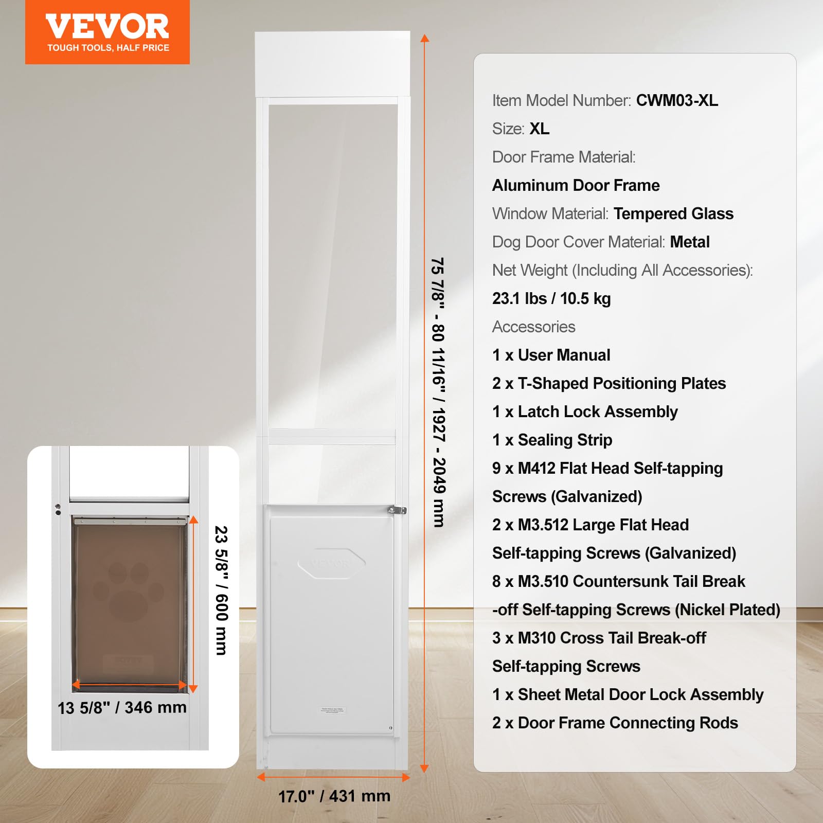 VEVOR Adjustable Dog Door for Sliding Glass Doors - 75 7/8