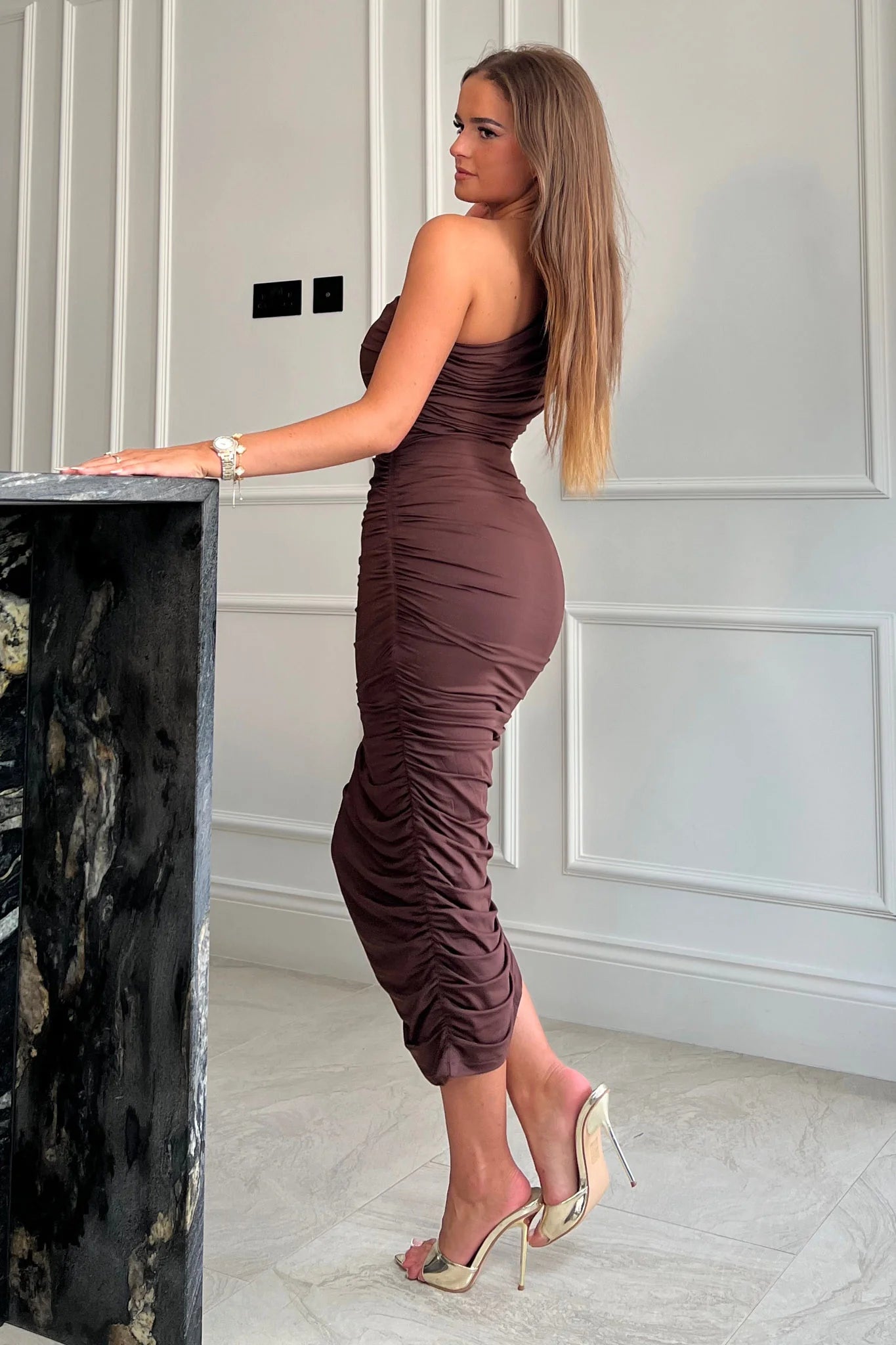 Monicia One Shoulder Ruched Midi Dress in Brown - Elegant Party & Evening Wear for Women
