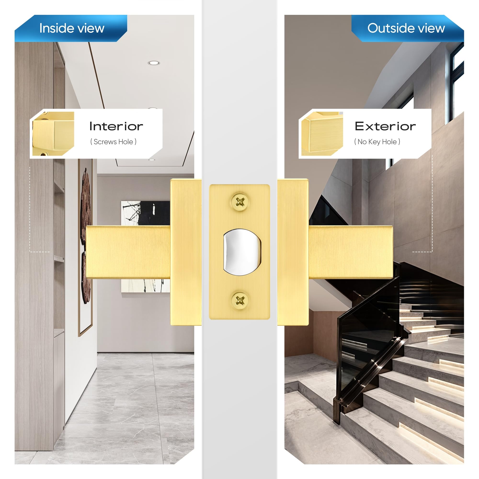 Brushed Gold Keyless Door Handles 3 Pack - Satin Brass Finish for Closet & Hallway