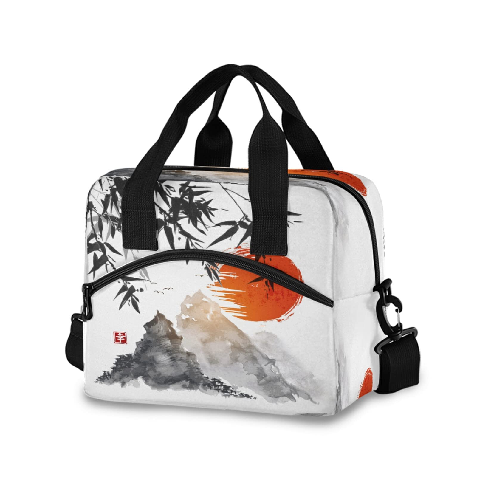 Vintage Japanese Traditional Painting Insulated Lunch Bag - Reusable Thermal Cooler Tote with Adjustable Shoulder Strap for Office, School, Picnic & Outdoor Activities | Bento Box Carrier for Work, Hiking & Travel