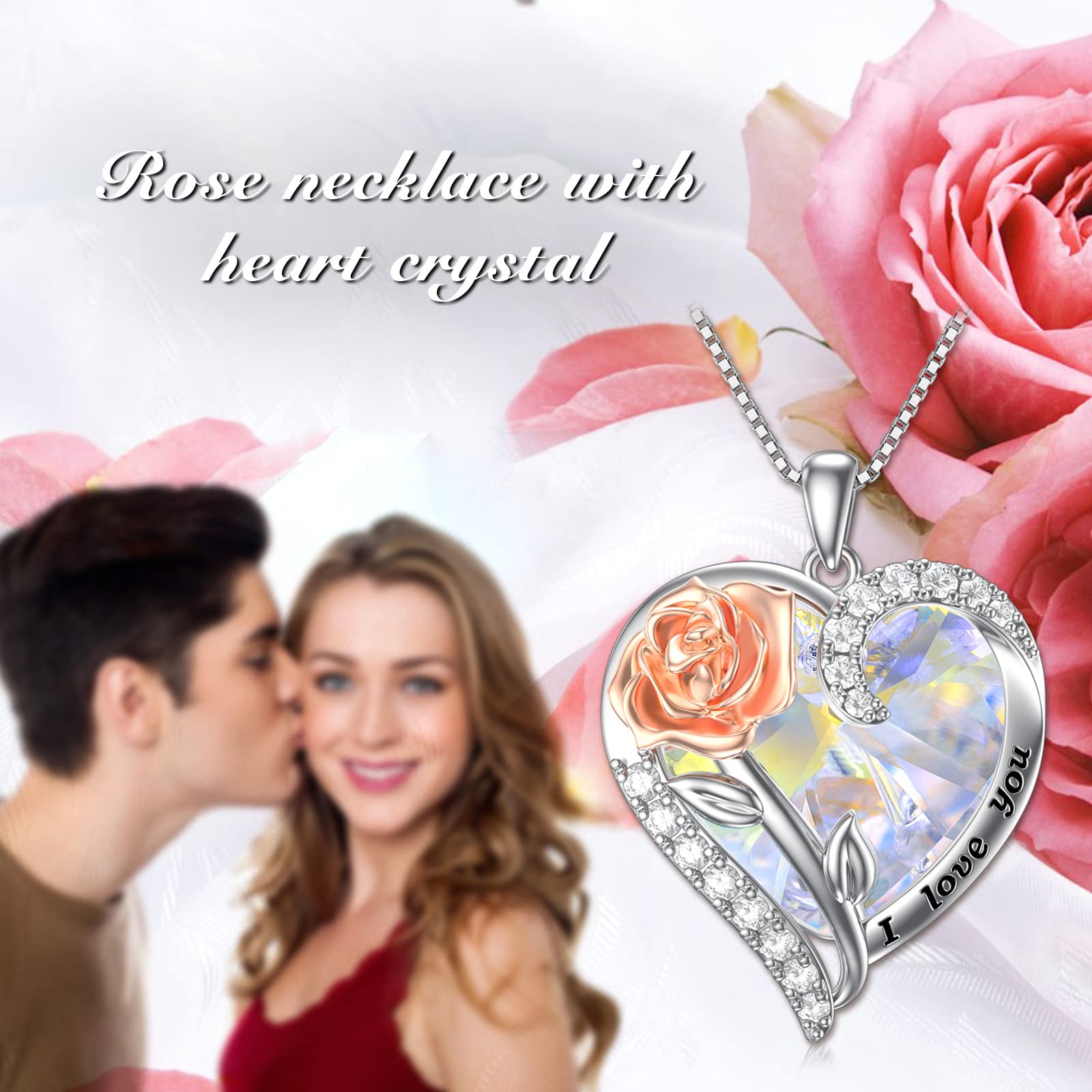 TOUPOP Sterling Silver Rose Crystal Pendant Necklace - 925 Silver Heart Birthstone Jewelry for Women, Valentine's Day Gifts for Her, Wife, Girlfriend, Mom | Perfect for Anniversary, Birthday & Romantic Occasions