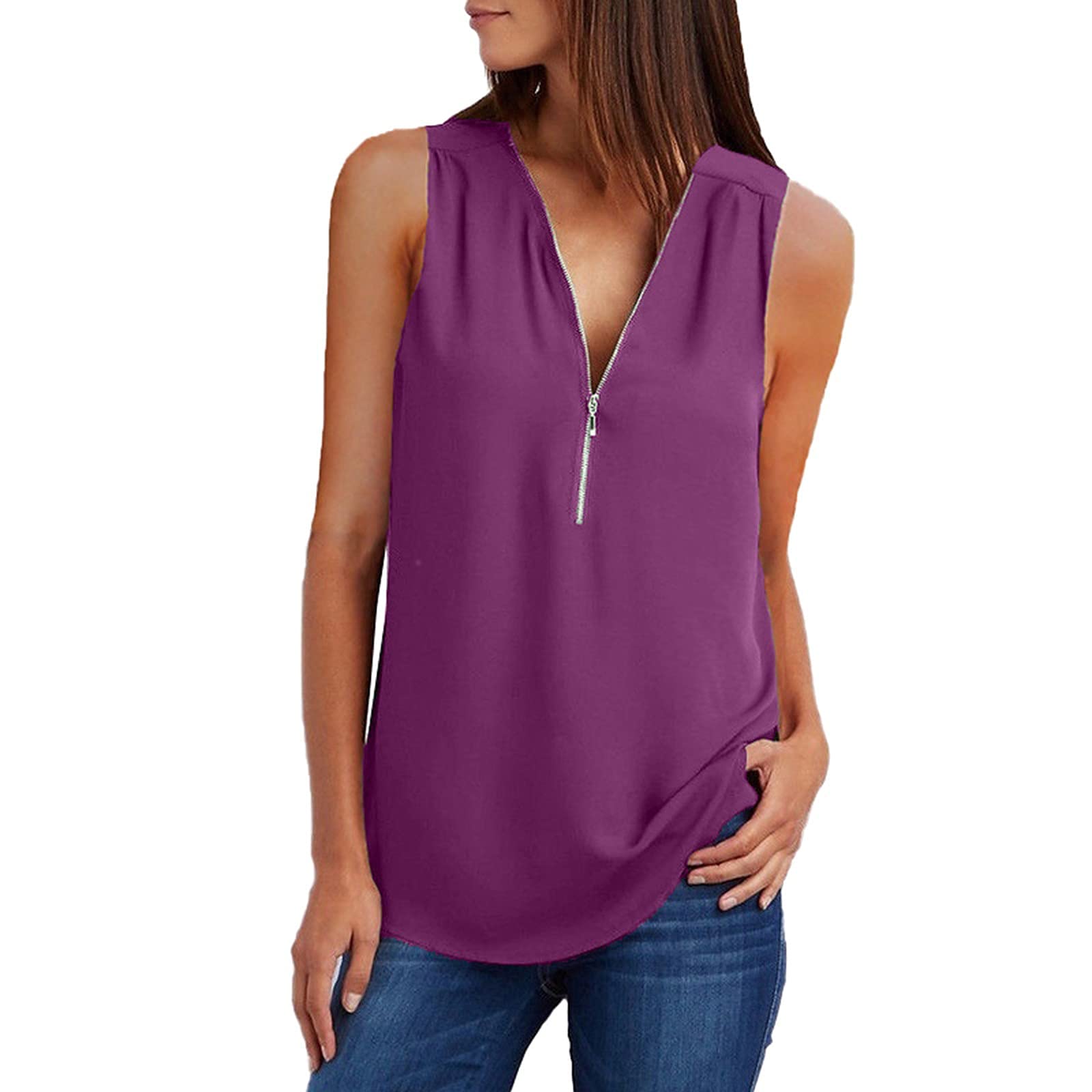 Women's Sleeveless V-Neck Tank Top - Casual Zip-Up Blouse for Workout & Office