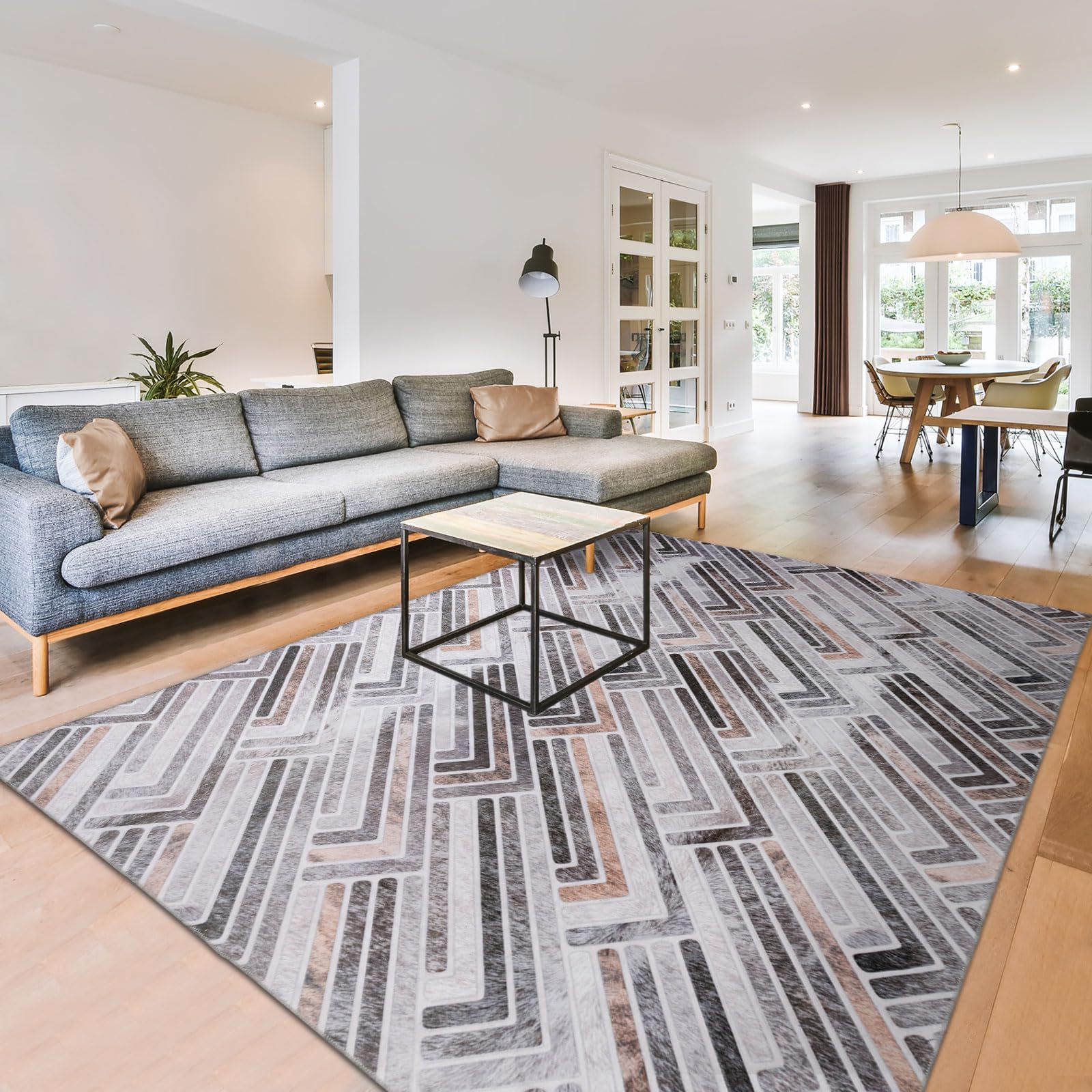 DECOMALL Washable Area Rugs - Modern Geometric Faux Cowhide Patchwork Rug - 9x12ft Large Carpet for Living Room, Bedroom, Office - Non-Slip, Pet Friendly & Easy to Clean - Perfect for Home Decor, Dorm, and High Traffic Areas