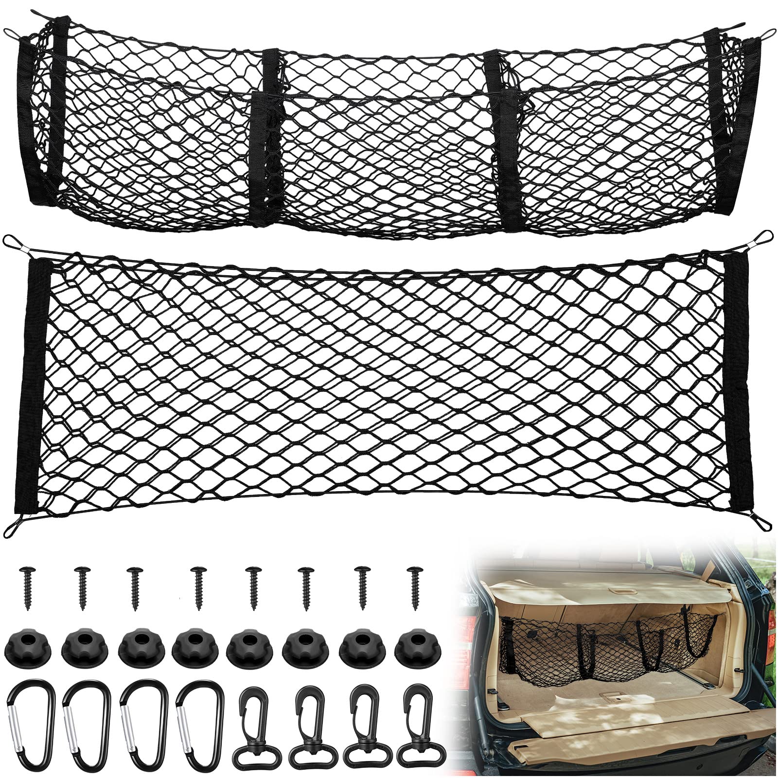 Tallew 3-Pocket Stretchable Cargo Net Trunk Organizer with Hooks & Buttonholes - Black Mesh Grocery Storage Bag for Pickup Trucks & SUV Beds (43.3 x 15.7 Inches) - Perfect for Road Trips, Camping & Daily Errands