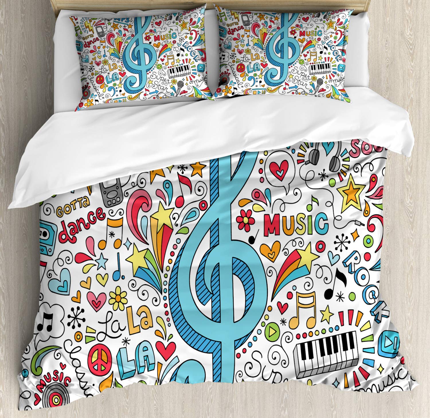 Ambesonne Music Themed Duvet Cover Set - Queen Size 3 Piece Bedding with 2 Pillow Shams, Big Clef & Notebook Doodle Design with Rainbow Musical Notes, White & Multicolor - Perfect for Music Lovers' Bedroom Decor & Themed Parties