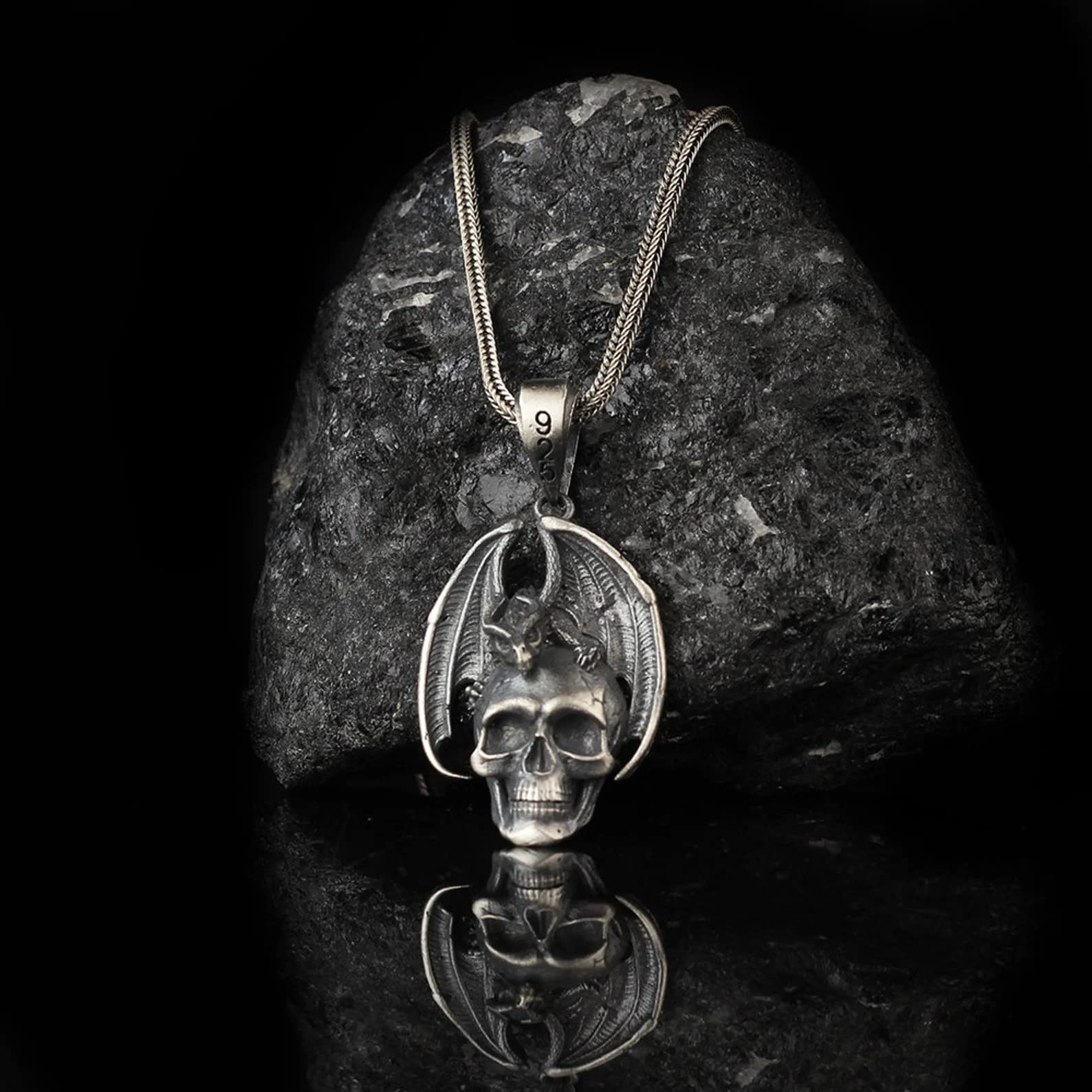 Sterling Silver Dragon Skull Pendant Necklace - Handmade Gothic Jewelry for Men & Women - Winged Skull Charm for Gothic Fashion & Cosplay - Perfect for Halloween, LARP & Dark Aesthetic Outfits