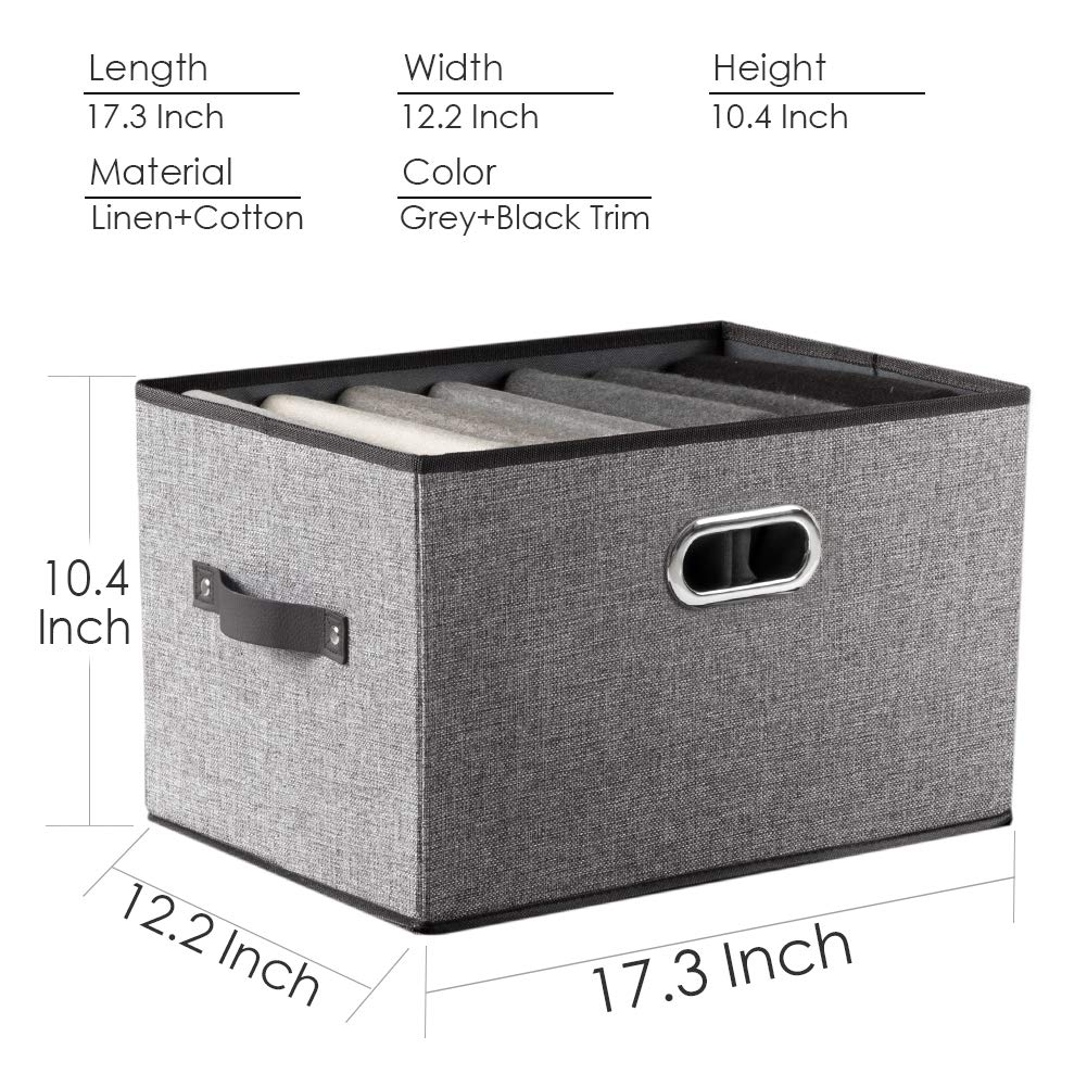 PRANDOM Large Collapsible Storage Bins 3-Pack - Linen Fabric Storage Baskets with Leather/Metal Handles for Closet, Living Room, Nursery (17.3x12.2x10.4 Inch) - Grey & Black Decorative Home Organization for Toys, Blankets, Books