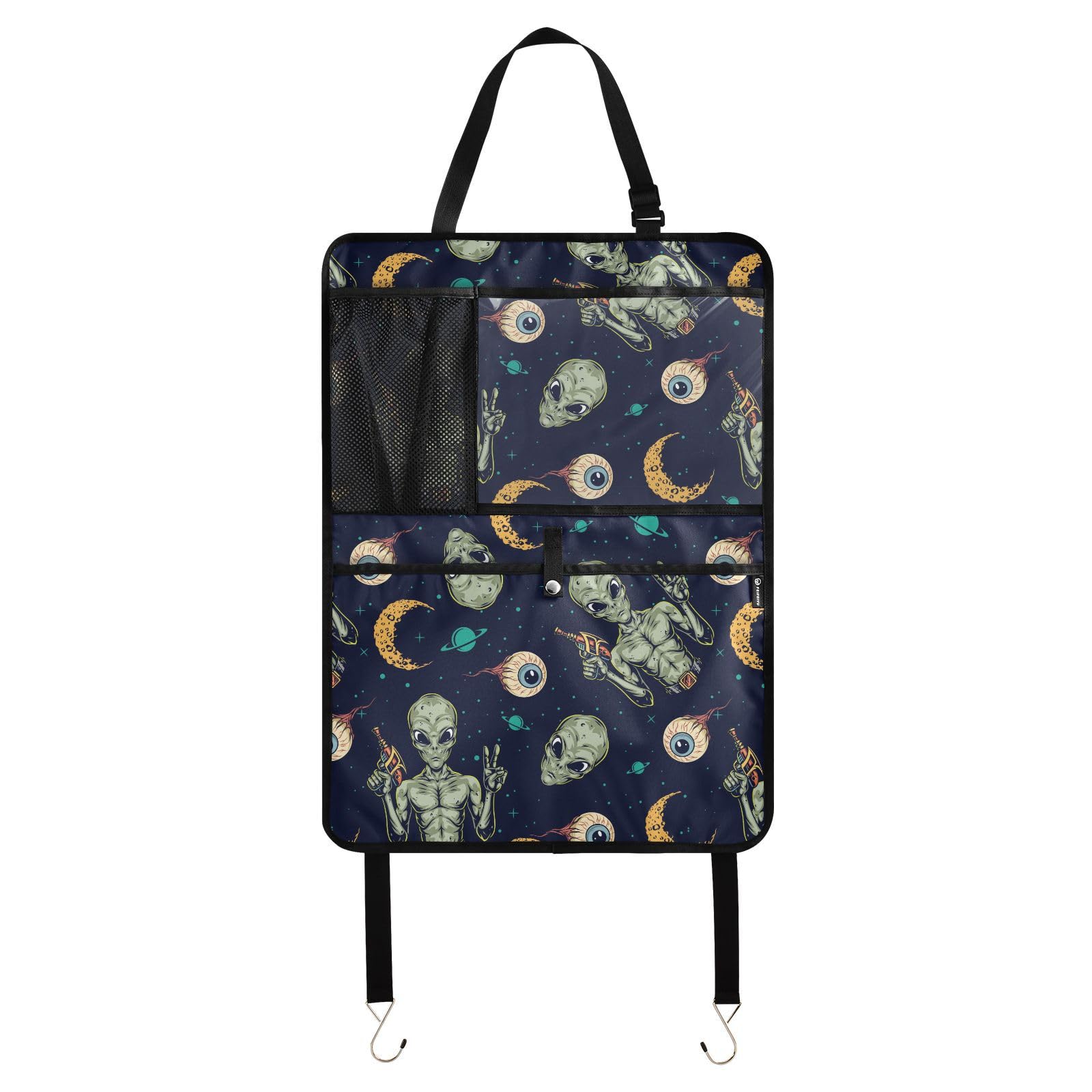Alien Element Print Car Seat Back Organizer - 2 Pack Seatback Protector with Multiple Pockets for Tablet, Bottle, Tissue & Books (25x18 IN) - Perfect for Road Trips, Family Travel & Daily Commute