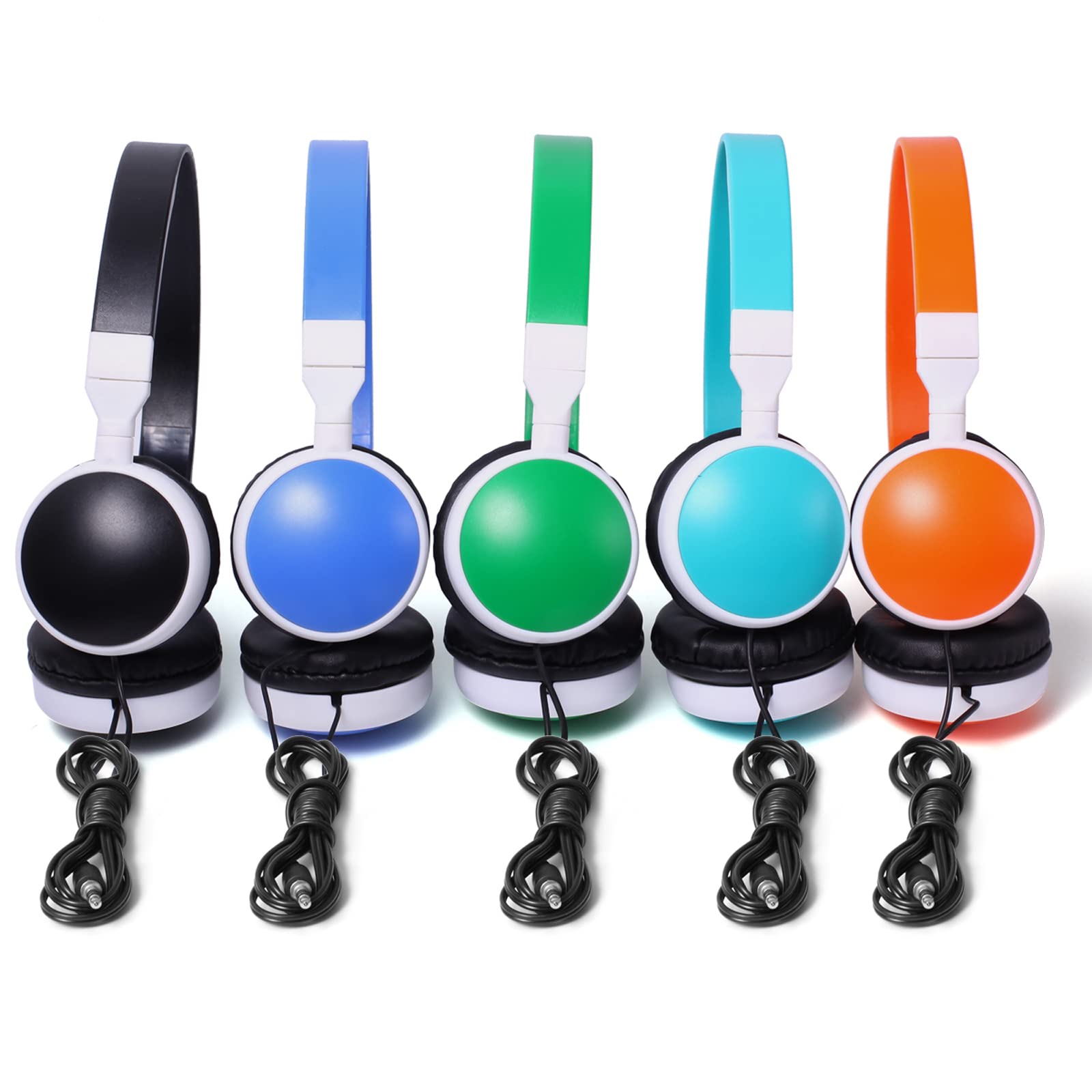 Bulk 5-Pack Kids Headphones for School Classroom - Multi-Color KW-N05 Headset for Computer Learning, Students & Library Use | Durable Children's Headphones for Online Classes, Study Sessions & Educational Activities