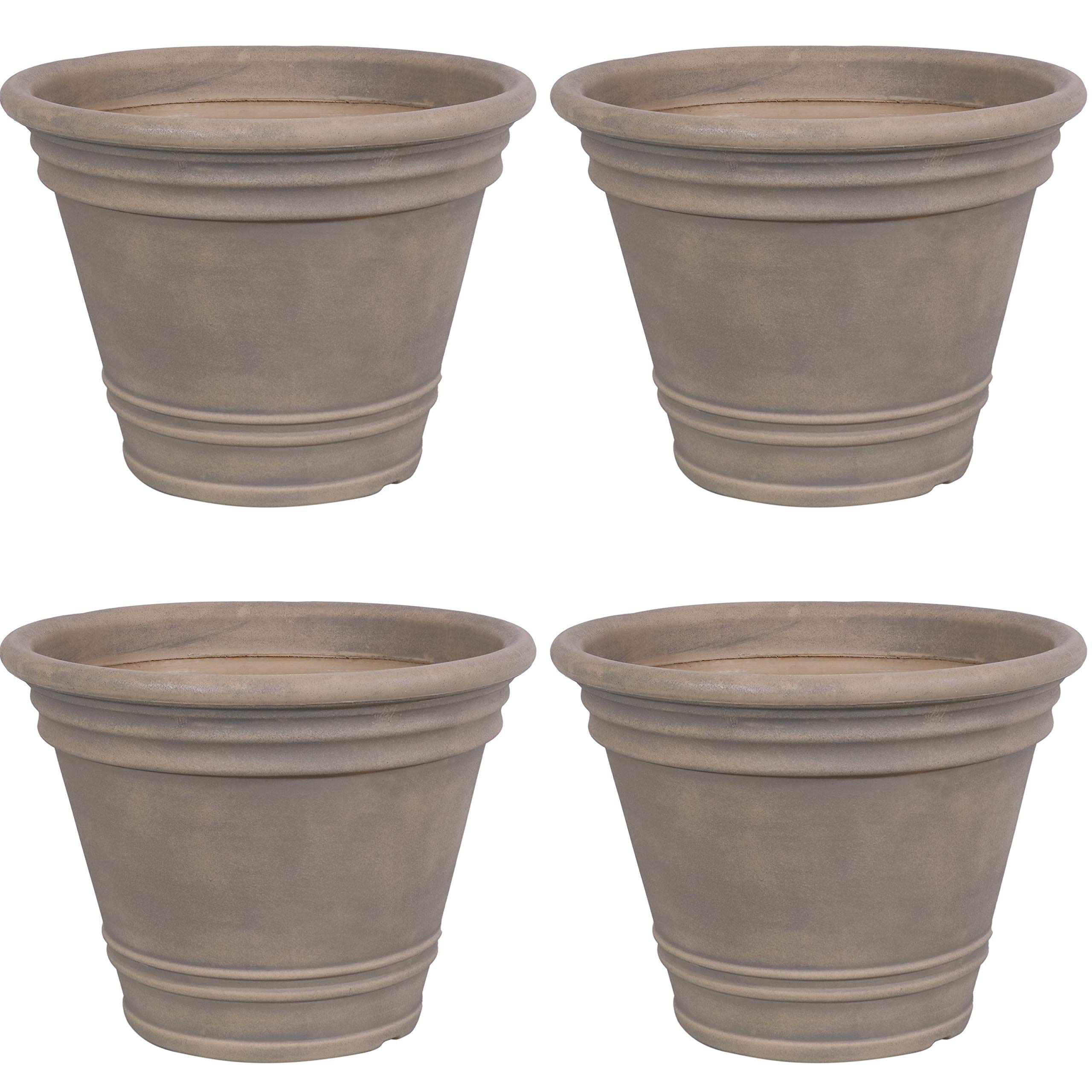 Sunnydaze 20-Inch Large Franklin Outdoor Plant Pots - 4 Pack Polyresin Round Garden Planters with Drainage Holes for Patio, Deck & Backyard - Beige