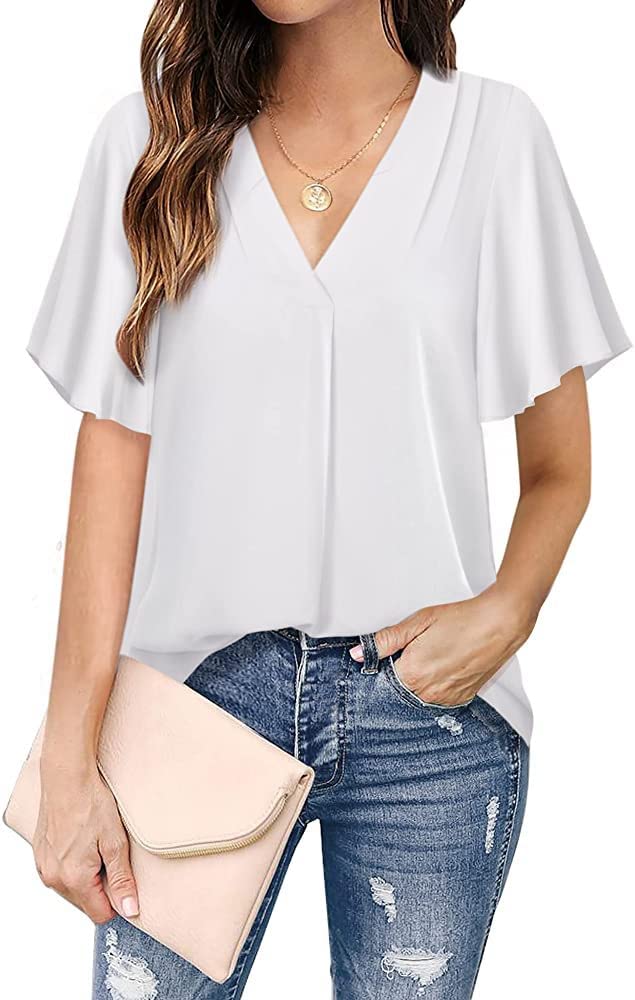 Elegant Women's V-Neck Ruffle Sleeve Chiffon Blouse - Flowy Casual Dressy Top for Work, Party & Date Night | Women's Blouses & Tops Collection