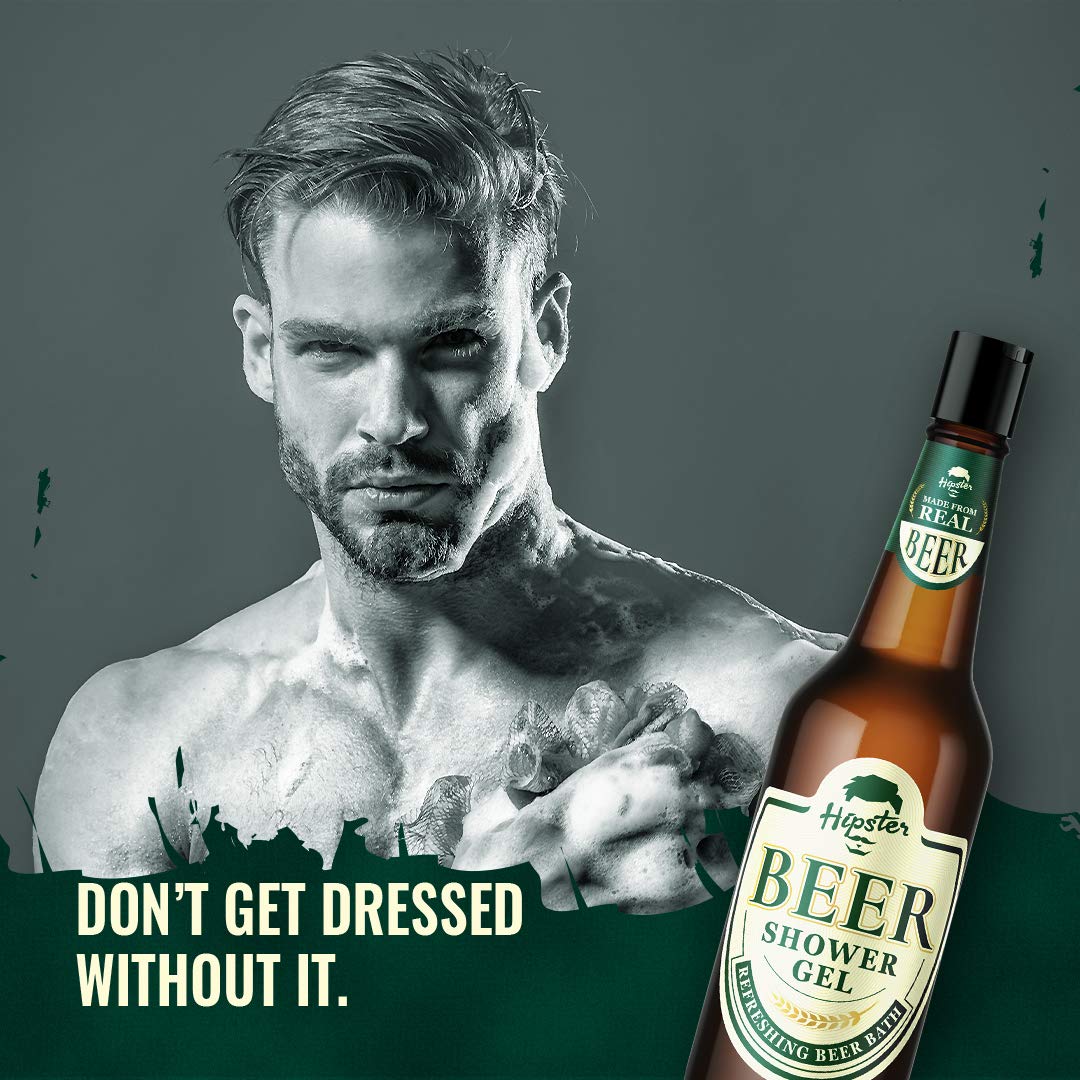 Natural Hipster Beer Scented Men's Body Wash 250ml with Organic Jute Loofah Scrubber | Alcohol-Free & Paraben-Free Shower Gel | Made in India | Perfect for Gym, Travel & Gift Sets