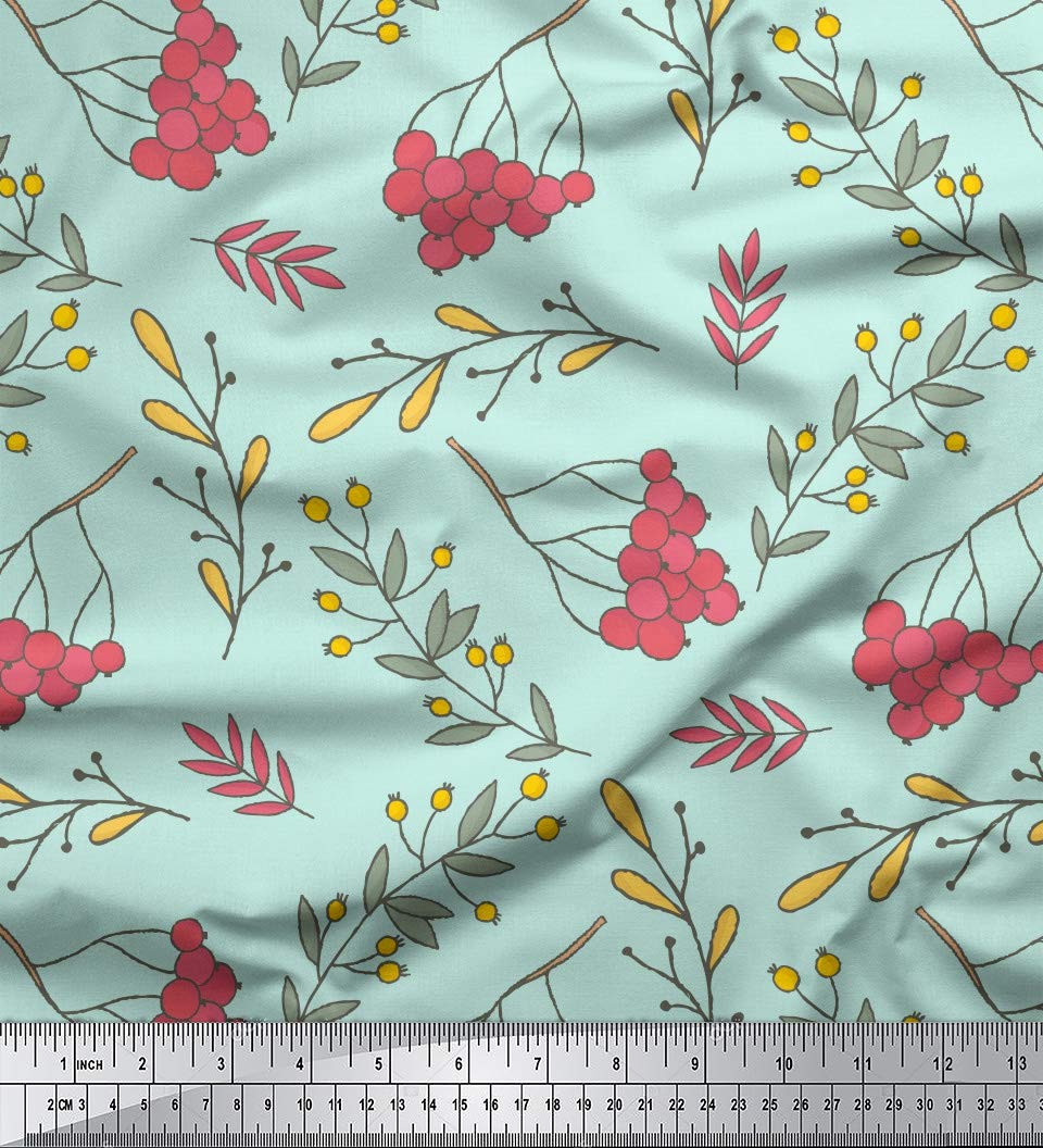 Soimoi Moss Georgette Green Fabric by The Yard - 42 Inch Wide Printed Fabric with Red Berries & Leaves Design - Festive and Timeless Patterns for Seasonal Decor, DIY Crafts, and Home Decoration Projects