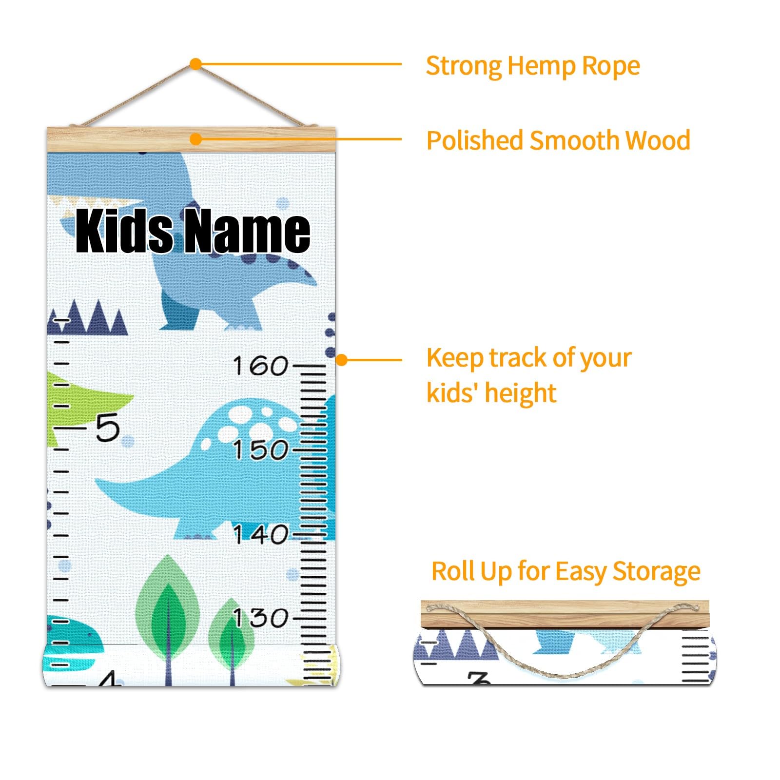 Personalized Kids Name Growth Chart Ruler - Wooden Wall Height Measurement Tool 13.4x56 Inches with Linen Finish - Cute Dinosaur Nursery Decor for Baby & Toddler Room - Perfect for Tracking Child's Growth Milestones & Room Decoration