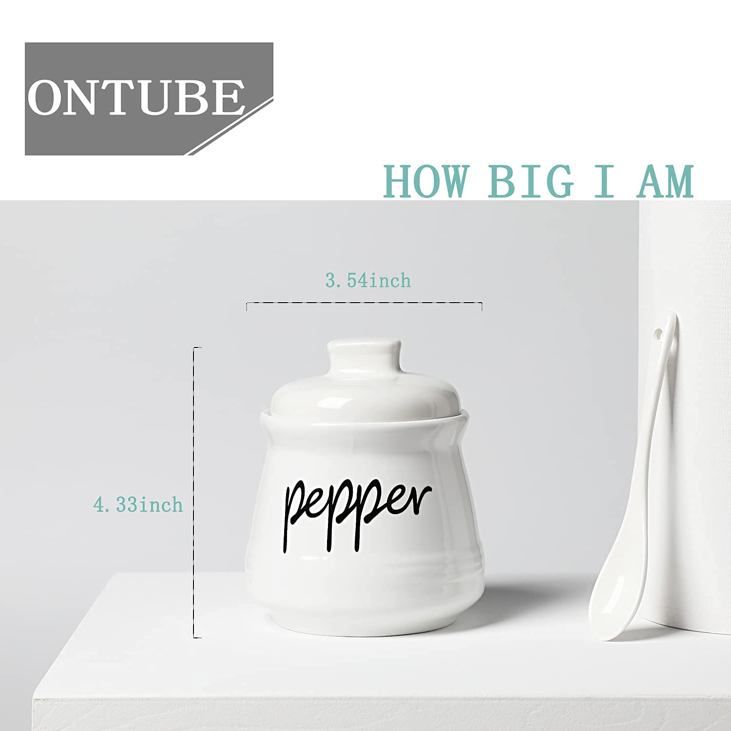 ONTUBE 12oz Ceramic Salt and Pepper Shakers with Lid & Spoon - Airtight Spice Containers for Kitchen, Dining Table, and Restaurant Use (White)