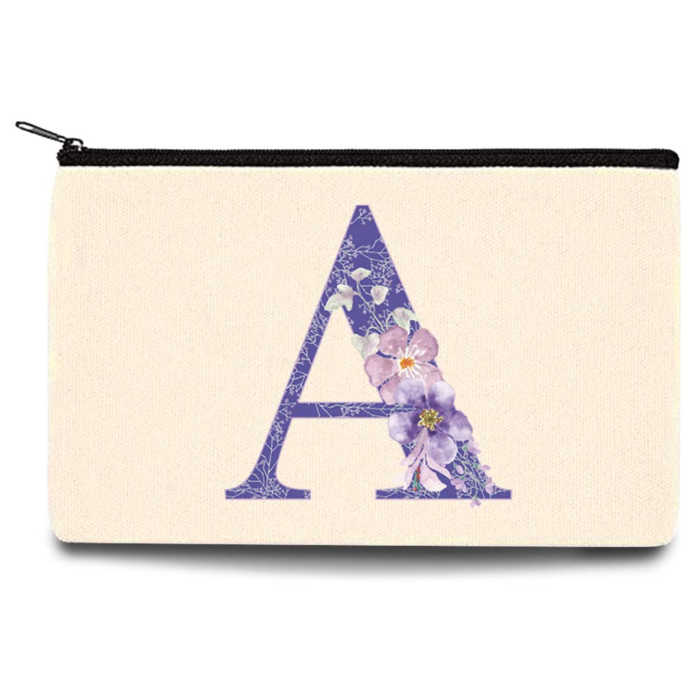 26 Letter Printed Zip Canvas Pouch - Waterproof Makeup Bag for Travel, Cosmetic Organizer, Toiletry Bag for Women & Teens - Perfect for Bridesmaid Gifts, School Pencil Case, Wash Bag & Coin Purse (Purple Flower A) - Ideal for Travel, Gym, Beach & Daily Organization