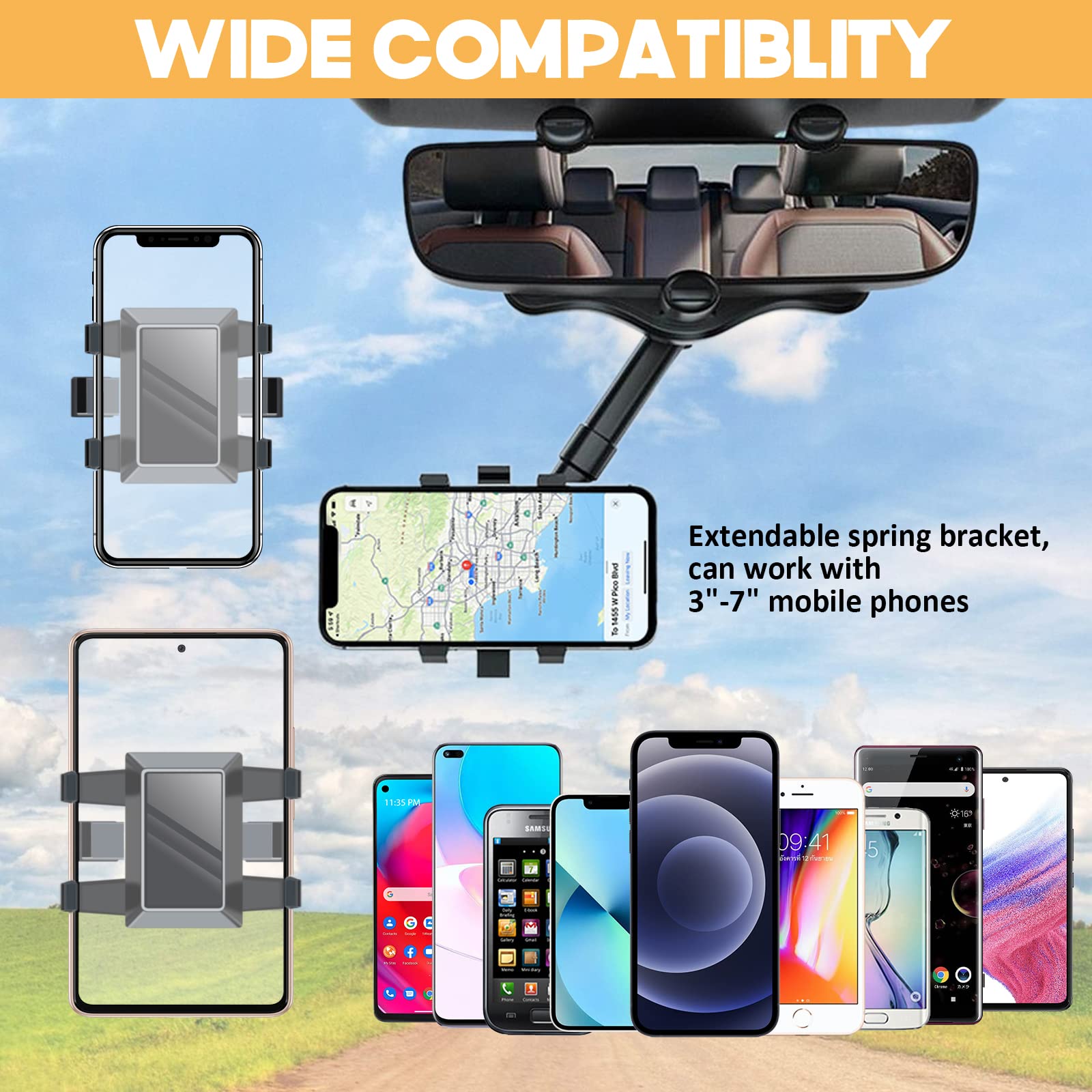 360° Rotatable & Retractable Universal Car Rearview Mirror Phone Mount Holder - Compatible with iPhone, Samsung & All Smartphones - Perfect for GPS Navigation, Hands-Free Calls & Road Trips